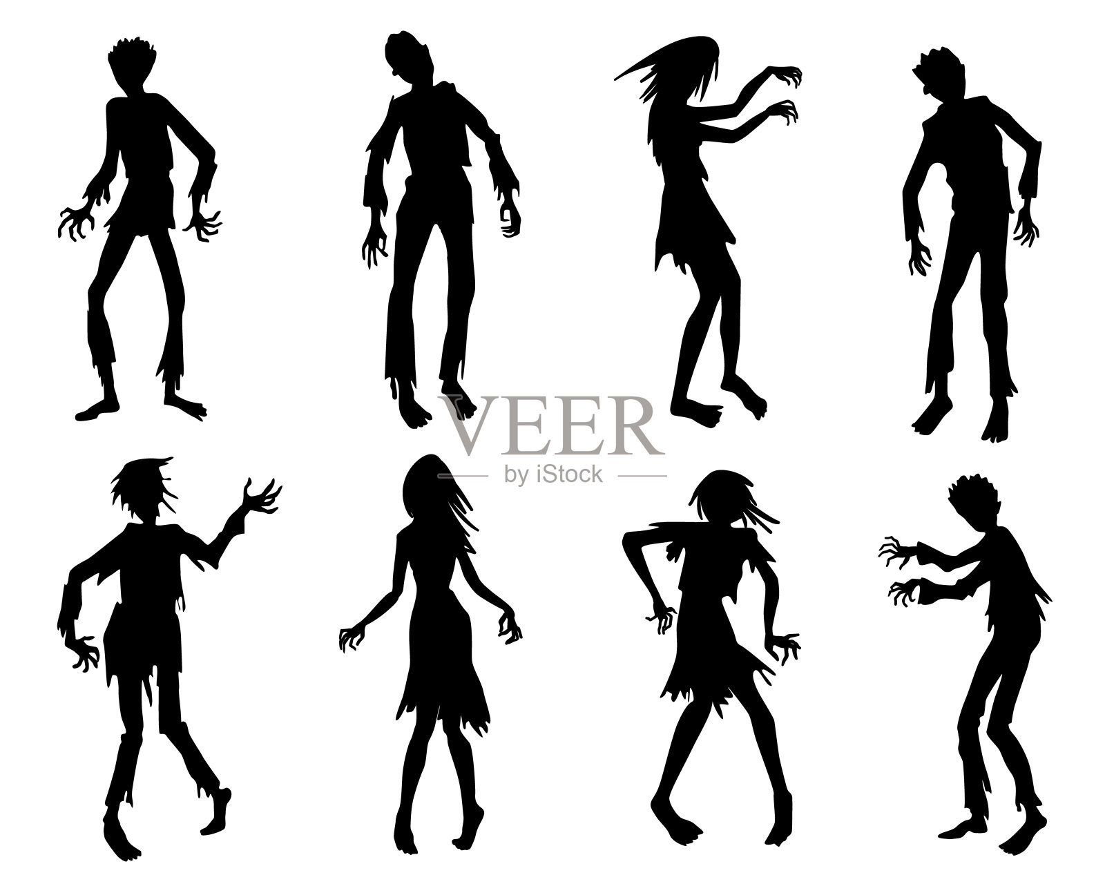 僵尸剪影。万圣节图标设置孤立。僵尸恐怖的人剪影。插画图片素材