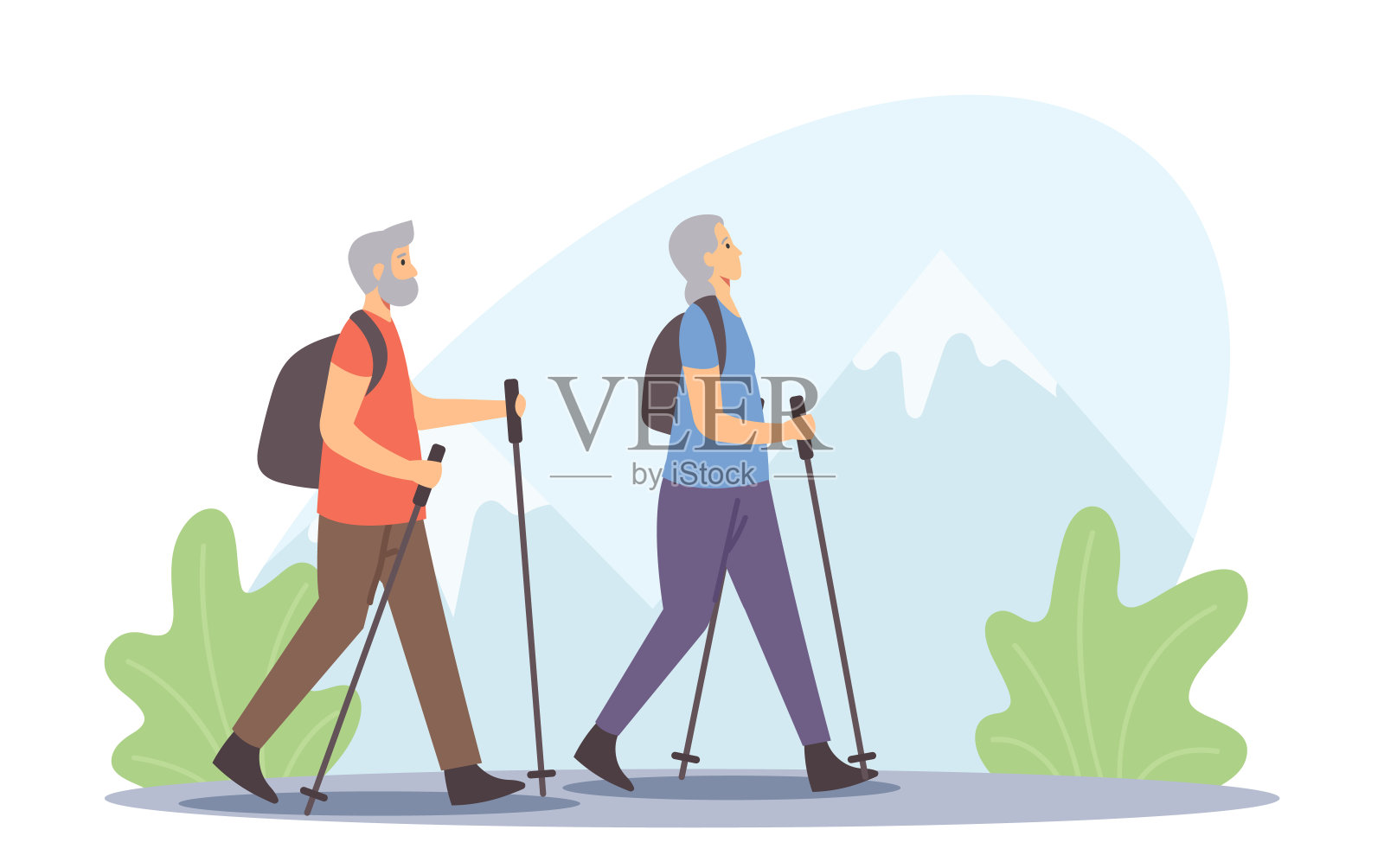 积极的老年人健康的生活方式。老年人北欧步行,户外棍棒锻炼。老年夫妇户外运动插画图片素材