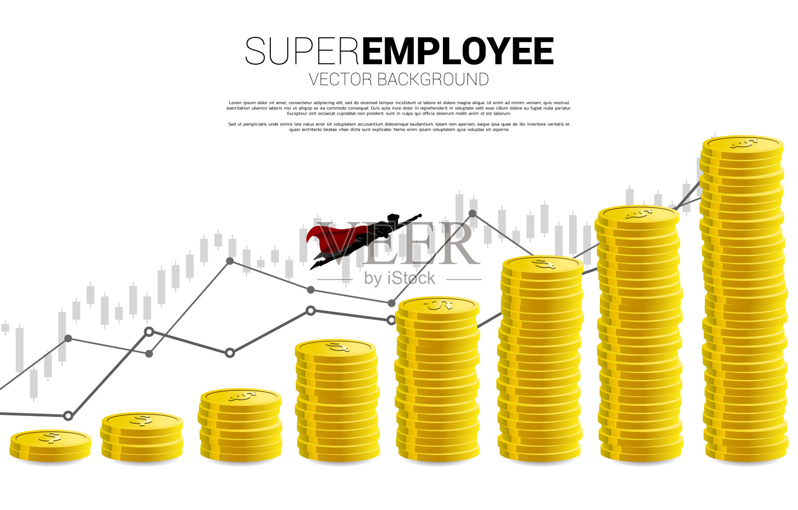 商人的剪影飞向更高的柱的图形硬币堆栈。插画图片素材