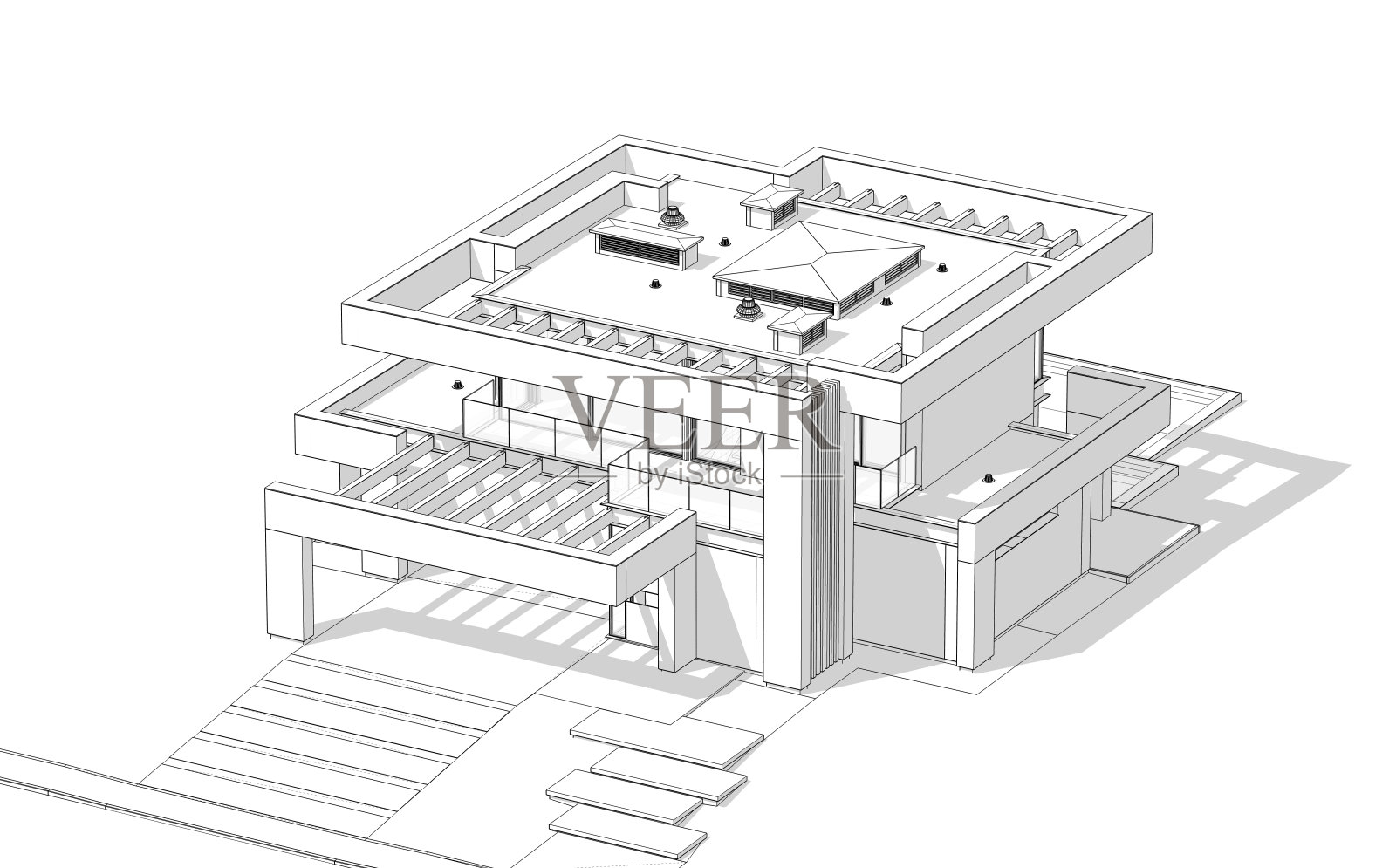 白色背景上黑色线条的豪华现代住宅3D渲染照片摄影图片