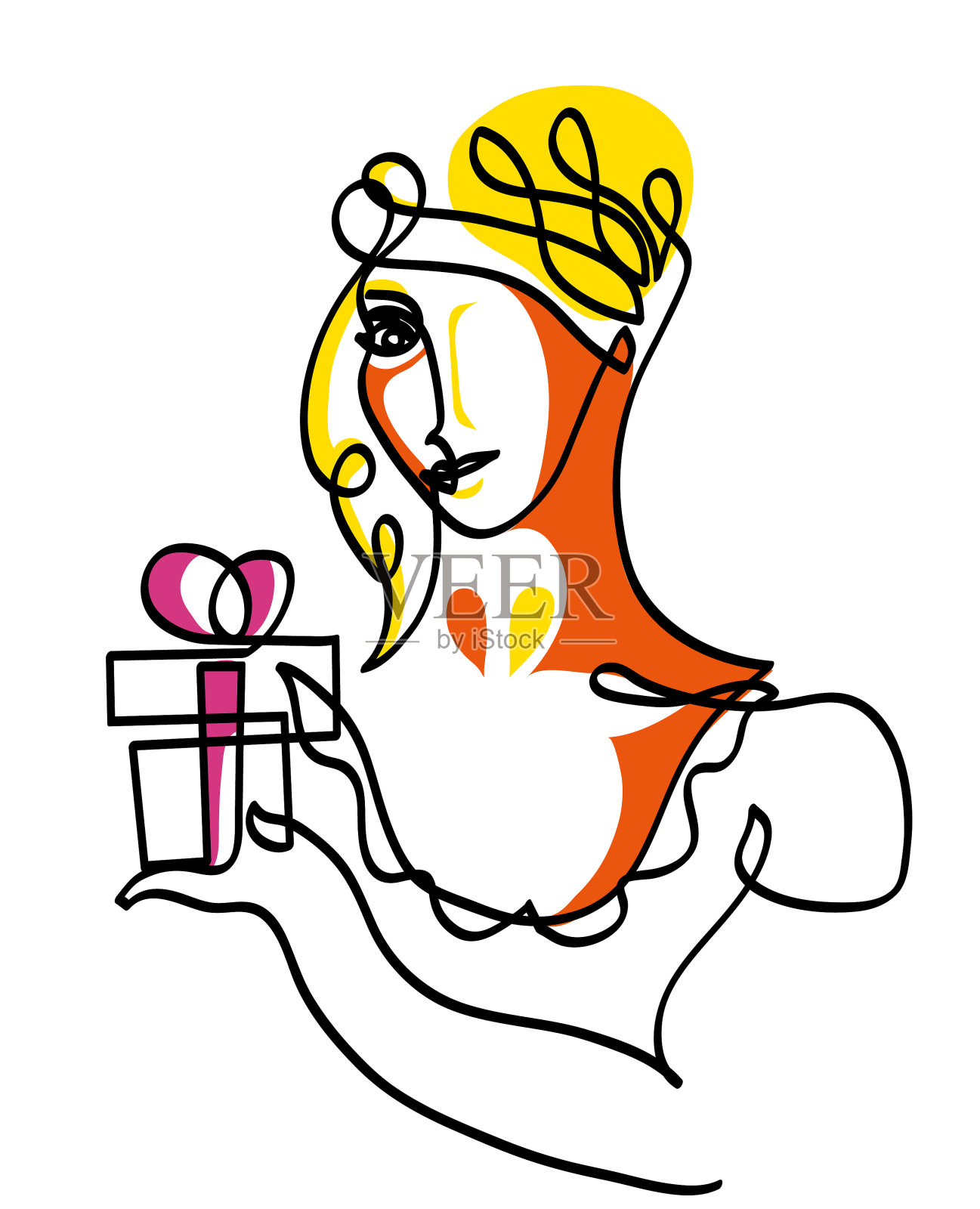 一幅画中快乐的女人手里拿着礼品盒。插画图片素材