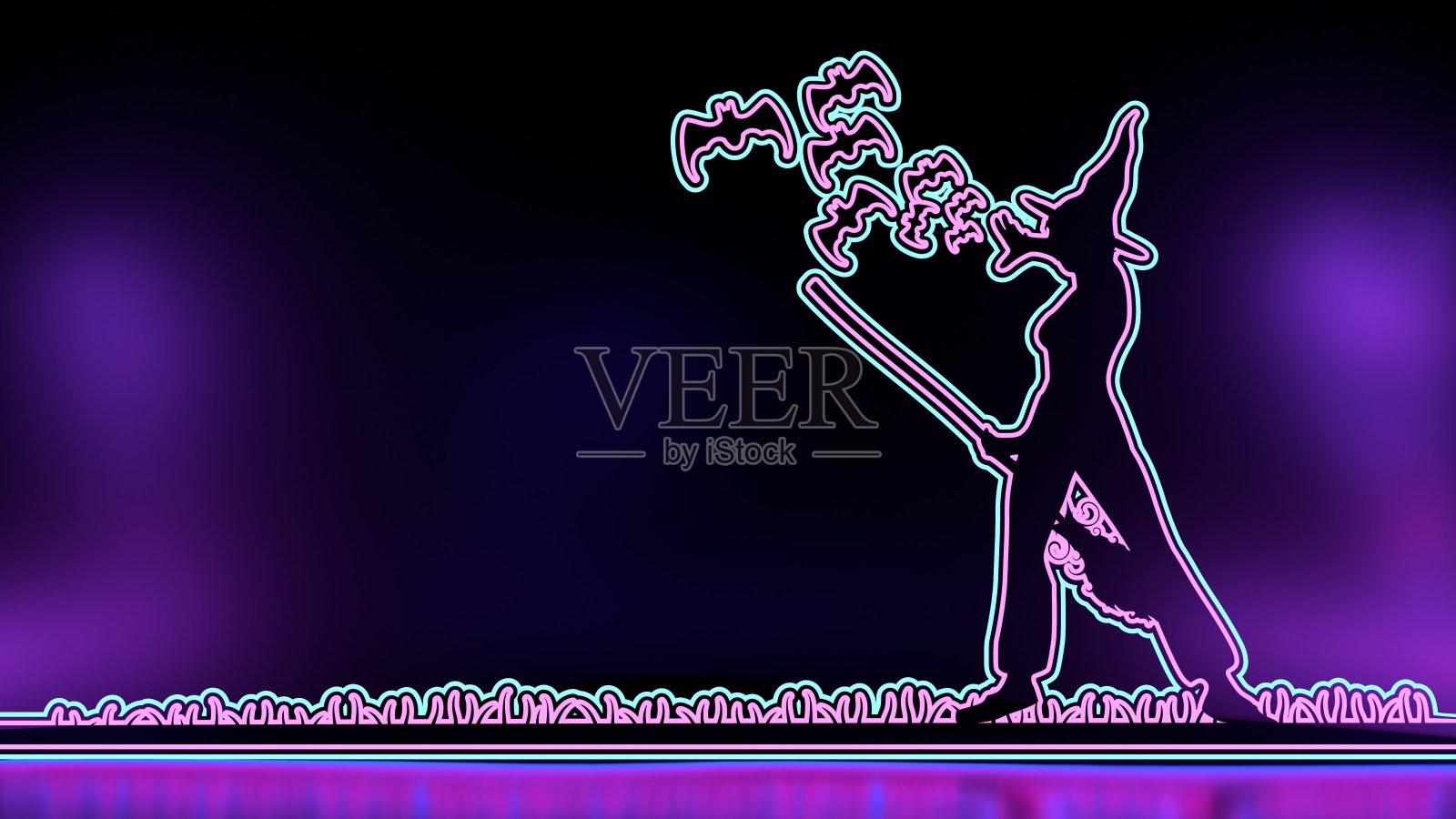 手持飞天扫帚和飞行蝙蝠的站立女巫照片摄影图片