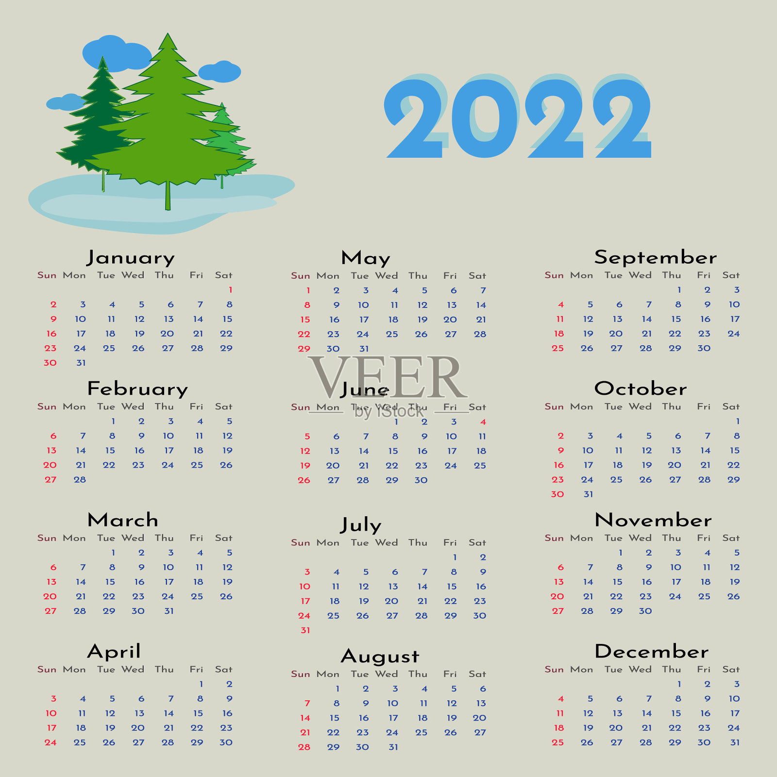 这是2022年绿色圣诞节的日历插画图片素材