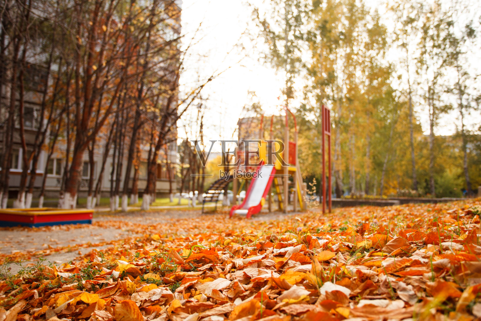 空荡荡的操场,美丽的橙色和红色的秋天背景。选择性聚焦,季节性横幅为场地,幼儿园,日托户外活动照片摄影图片