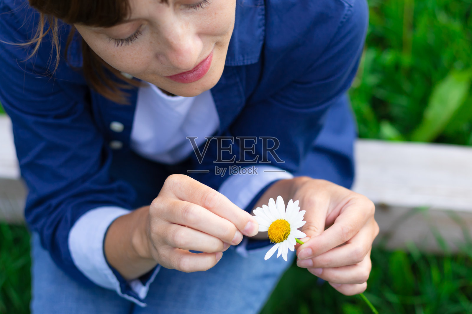 一个穿着蓝色衬衫的漂亮年轻女子正在草地上猜一朵甘菊。有选择性的重点照片摄影图片