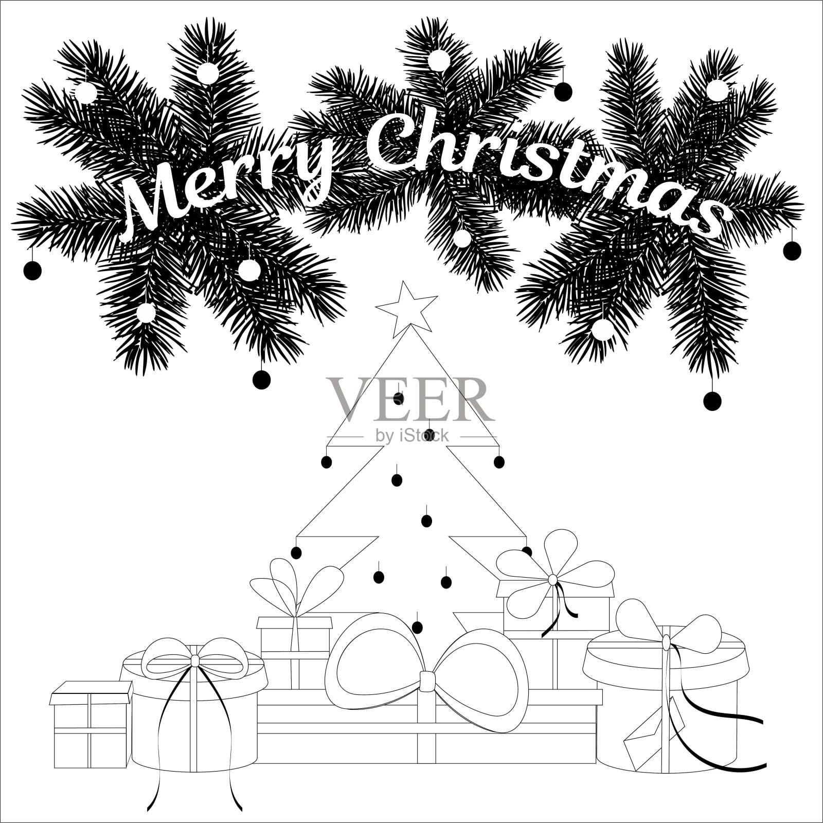 礼品盒和圣诞树树枝插画图片素材