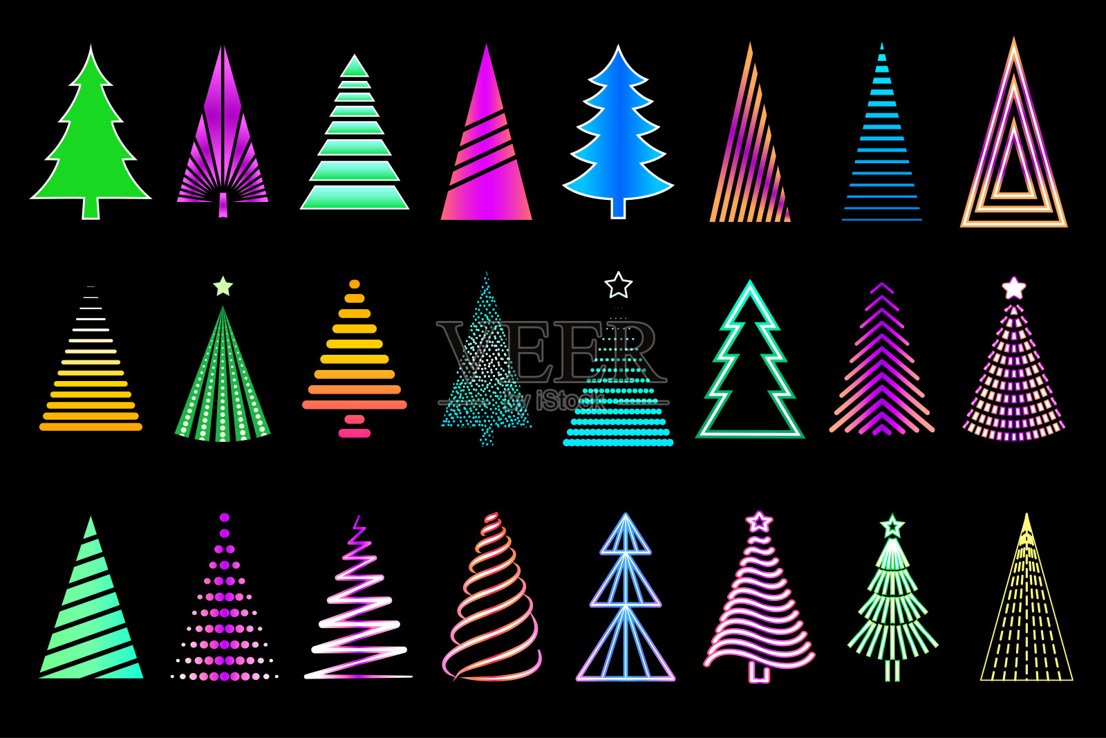 矢量霓虹灯圣诞树收集插画图片素材