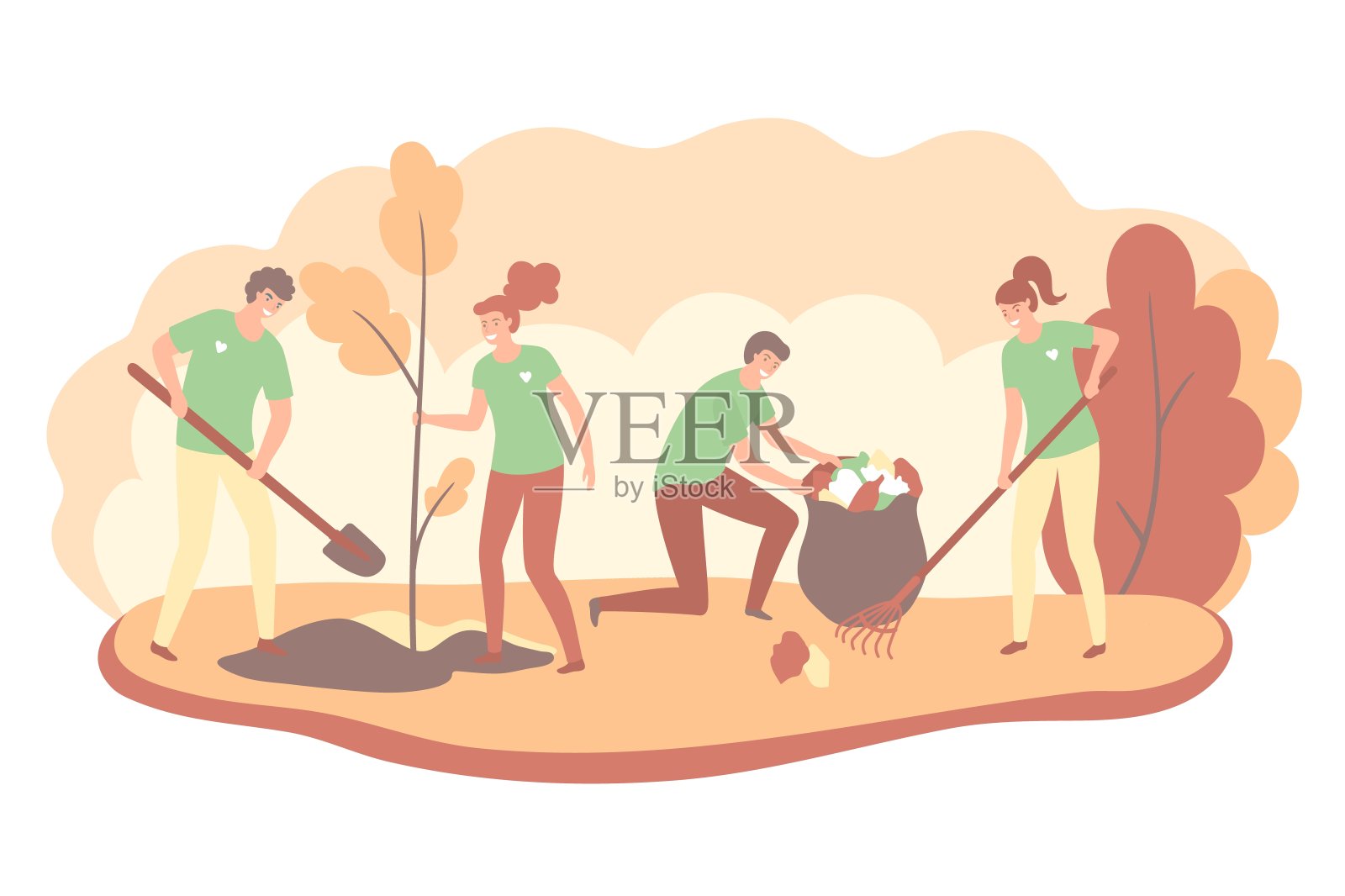 志愿者们团结在一起,一起清理秋天的城市公园,他们正在收集和分类垃圾,保护环境的理念。矢量插图。设计元素图片