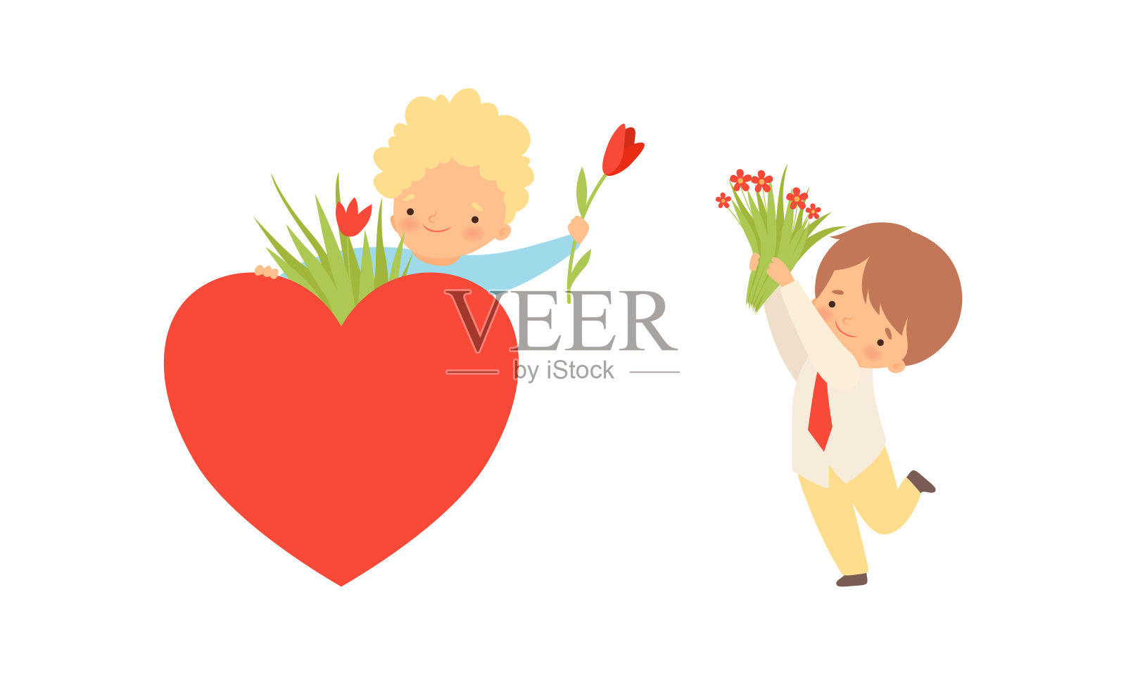 可爱小男孩送花表示祝贺向量集插画图片素材