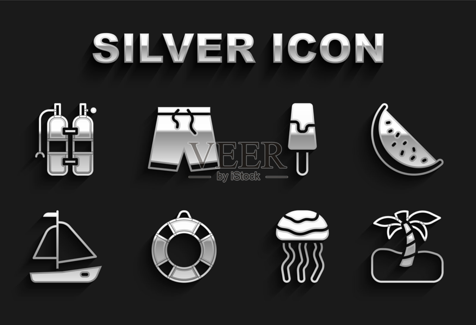 设救生圈西瓜热带棕榈树图标素材