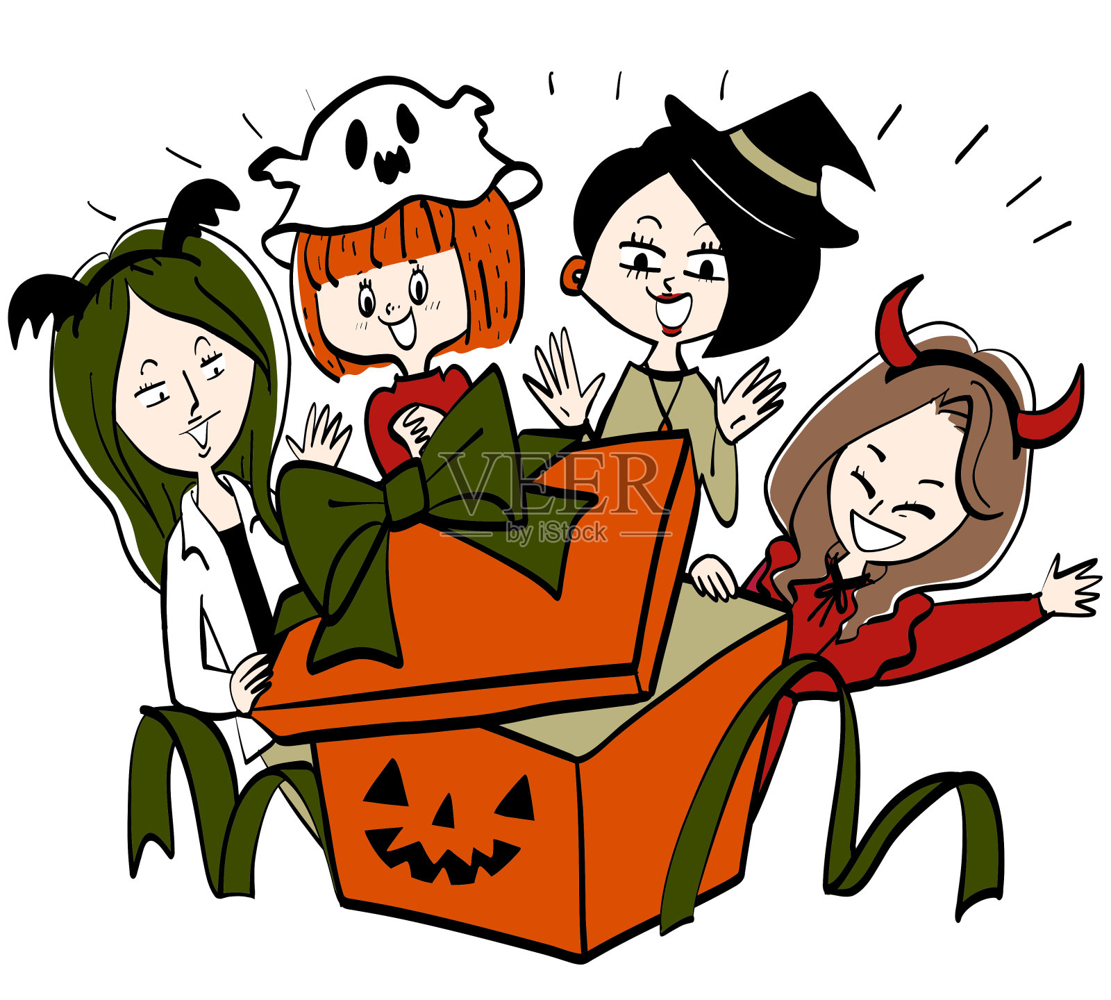 高兴地打开礼品盒插画图片素材