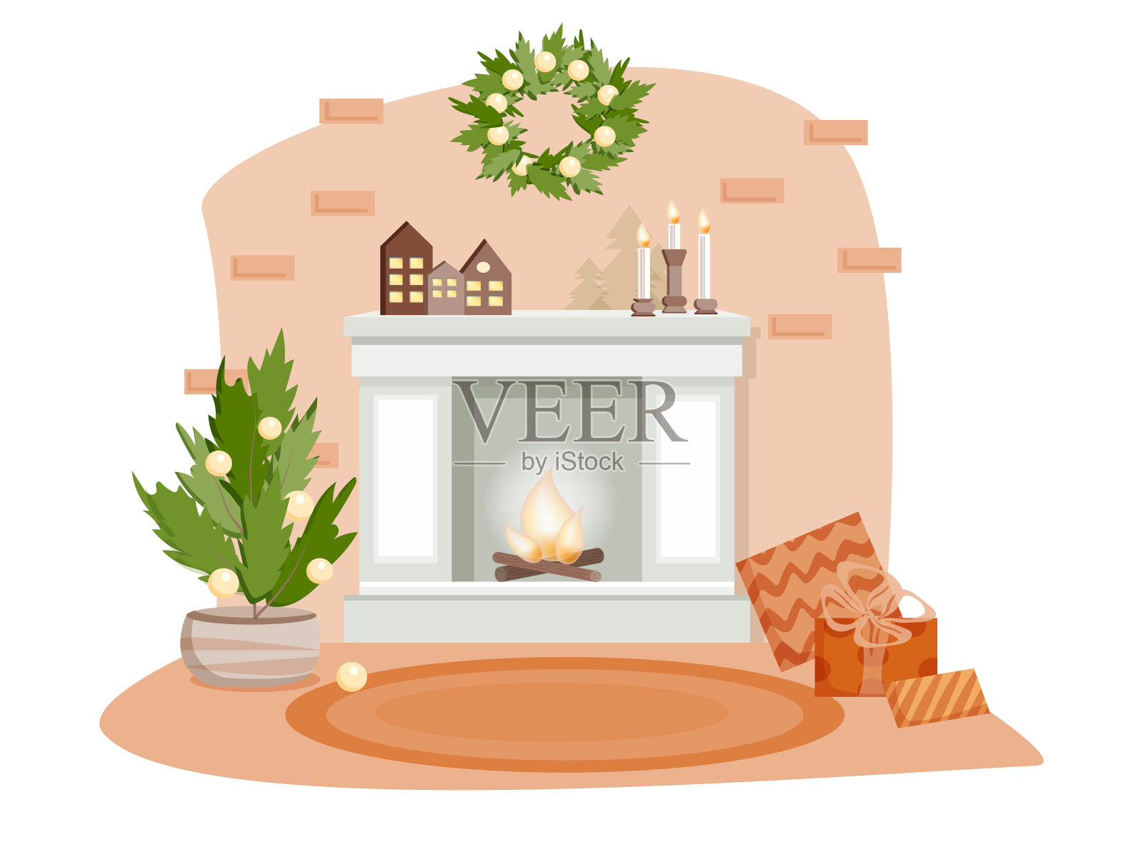 房子内部以新年的风格。有火的壁炉,有球的圣诞树。蜡烛、礼物和装饰品。墙上的圣诞花环。矢量是平面样式的。设计元素图片