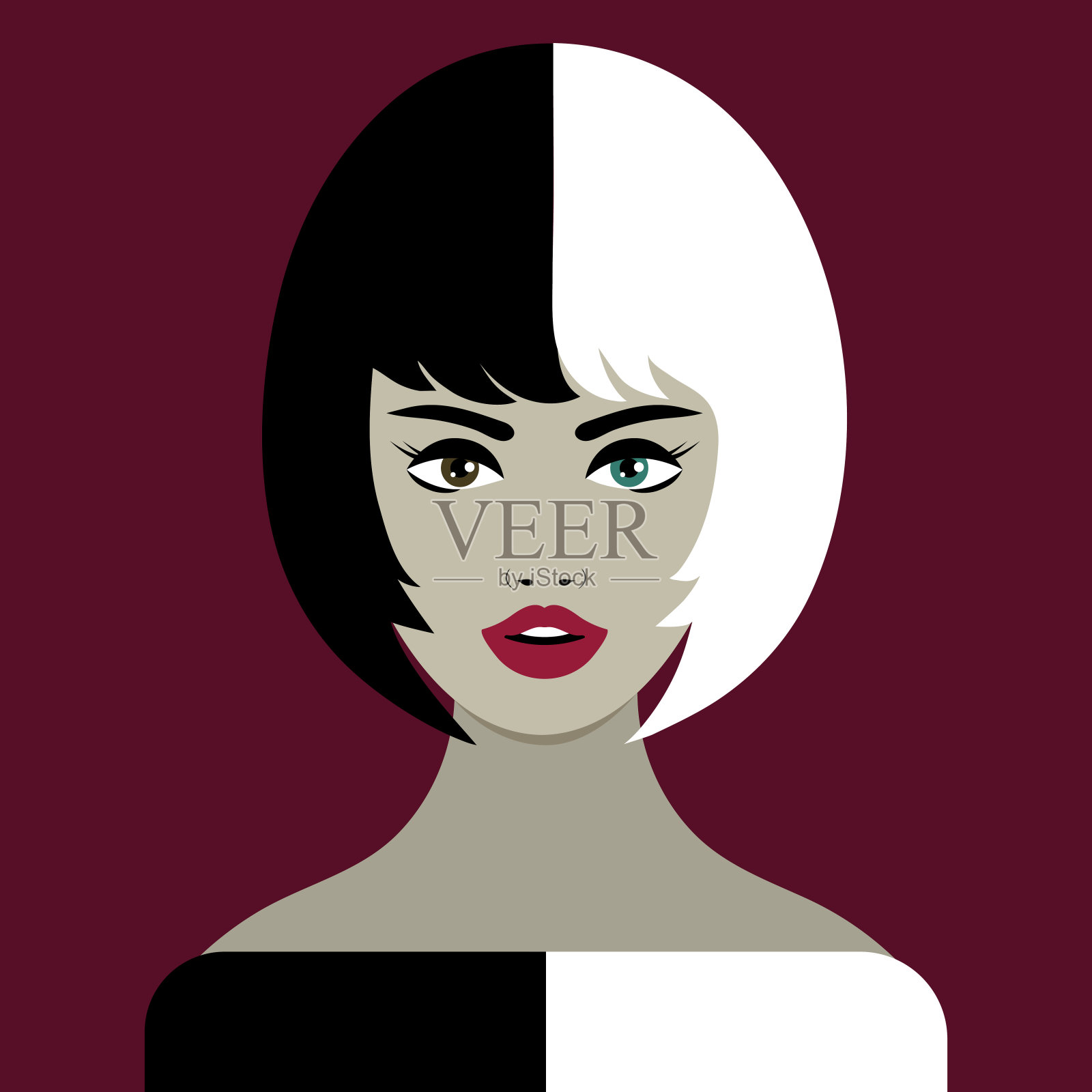 黑白头发的美丽女孩的肖像插画图片素材