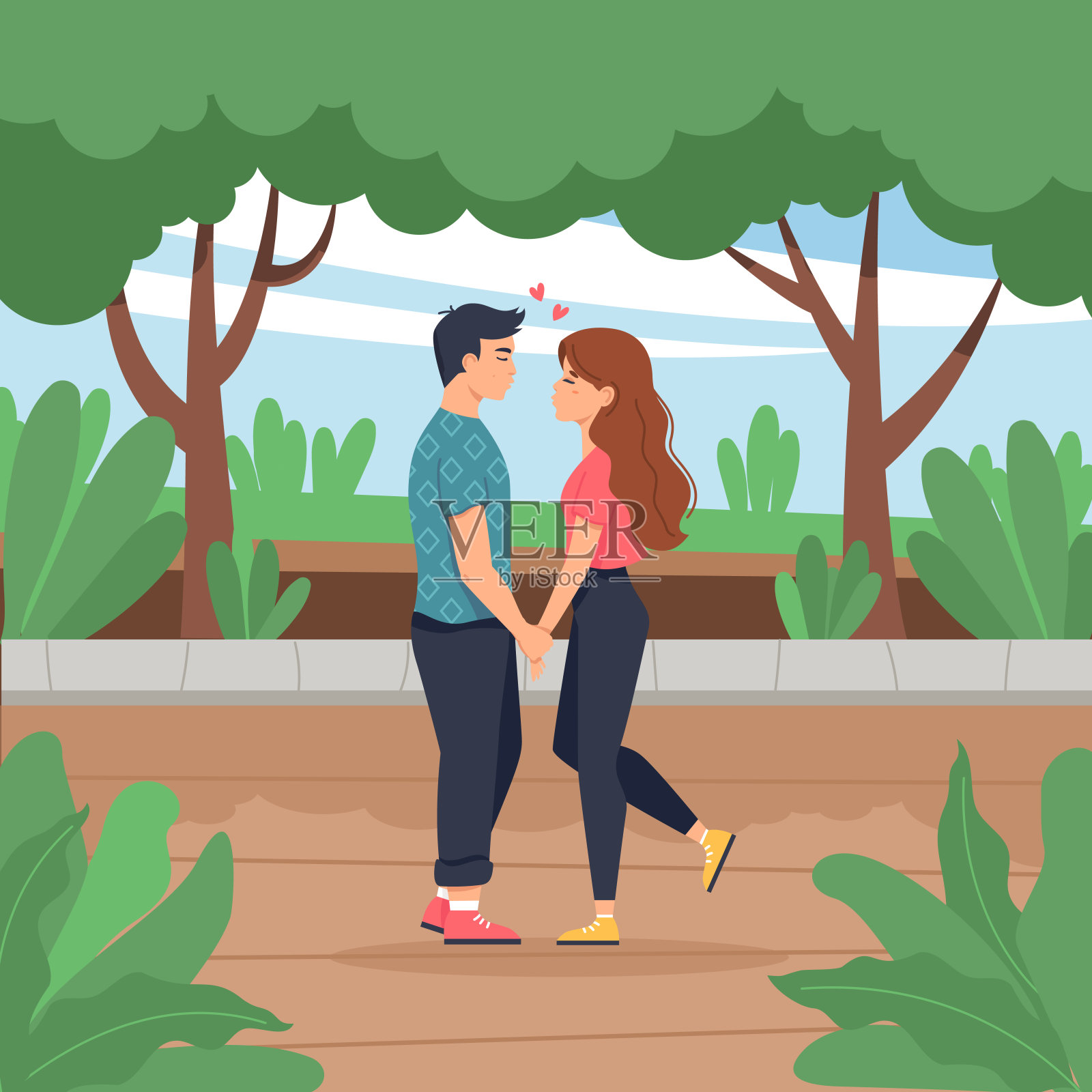 相爱的情侣手牵手,想要亲吻插画图片素材