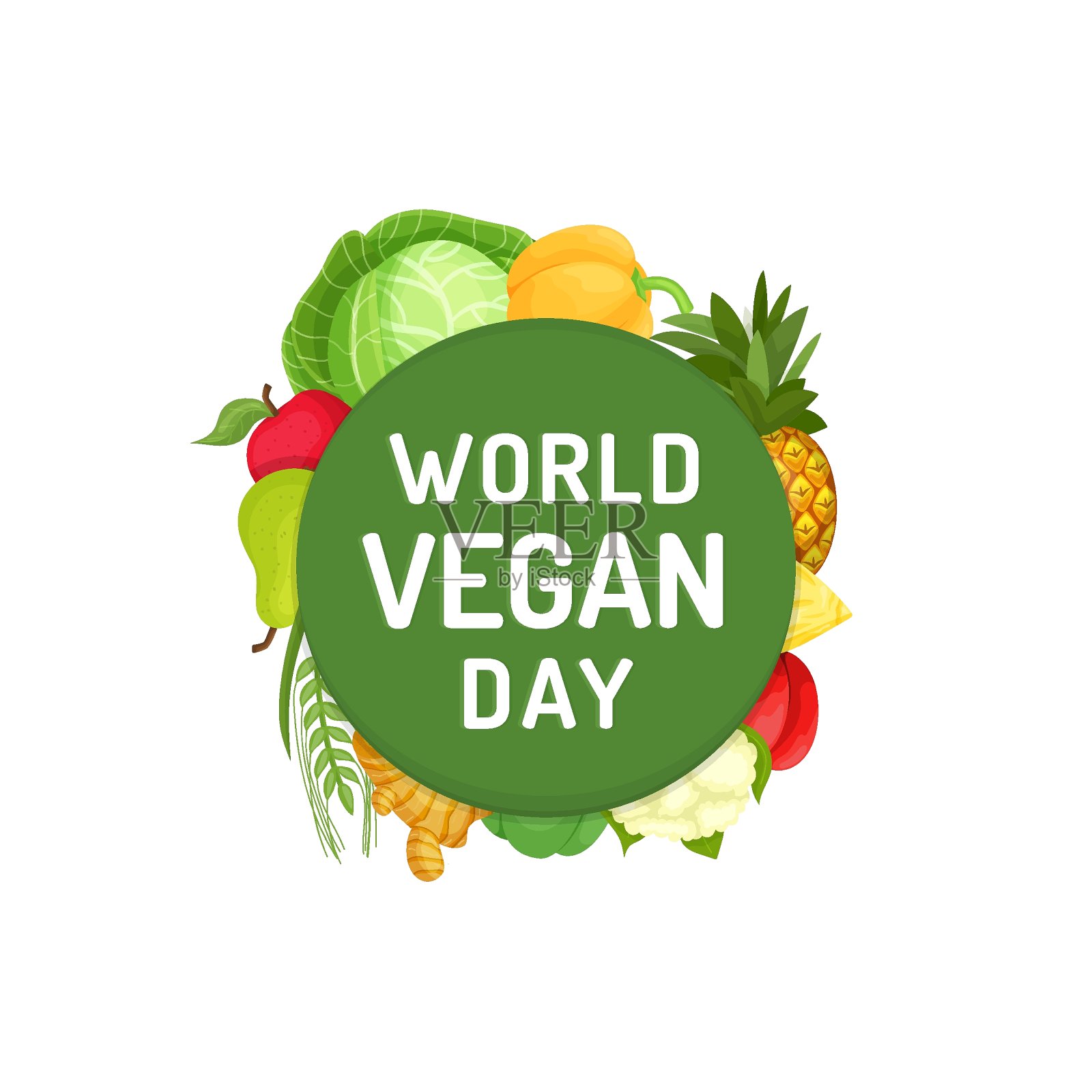 世界素食日的字母圈周围的蔬菜,水果。矢量插图素食假日广告插画图片素材