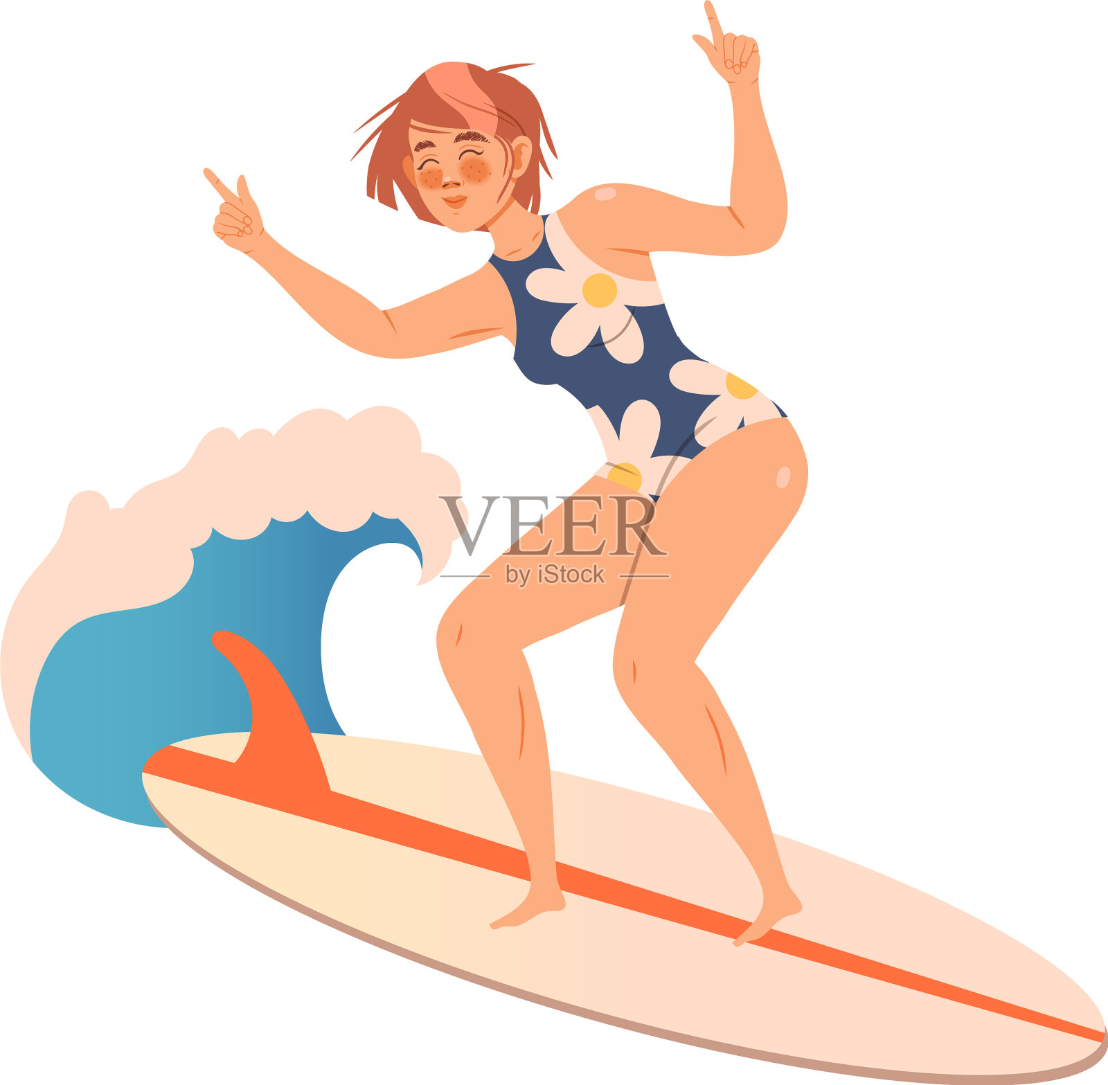 女人冲浪角色在冲浪板上骑移动插画图片素材