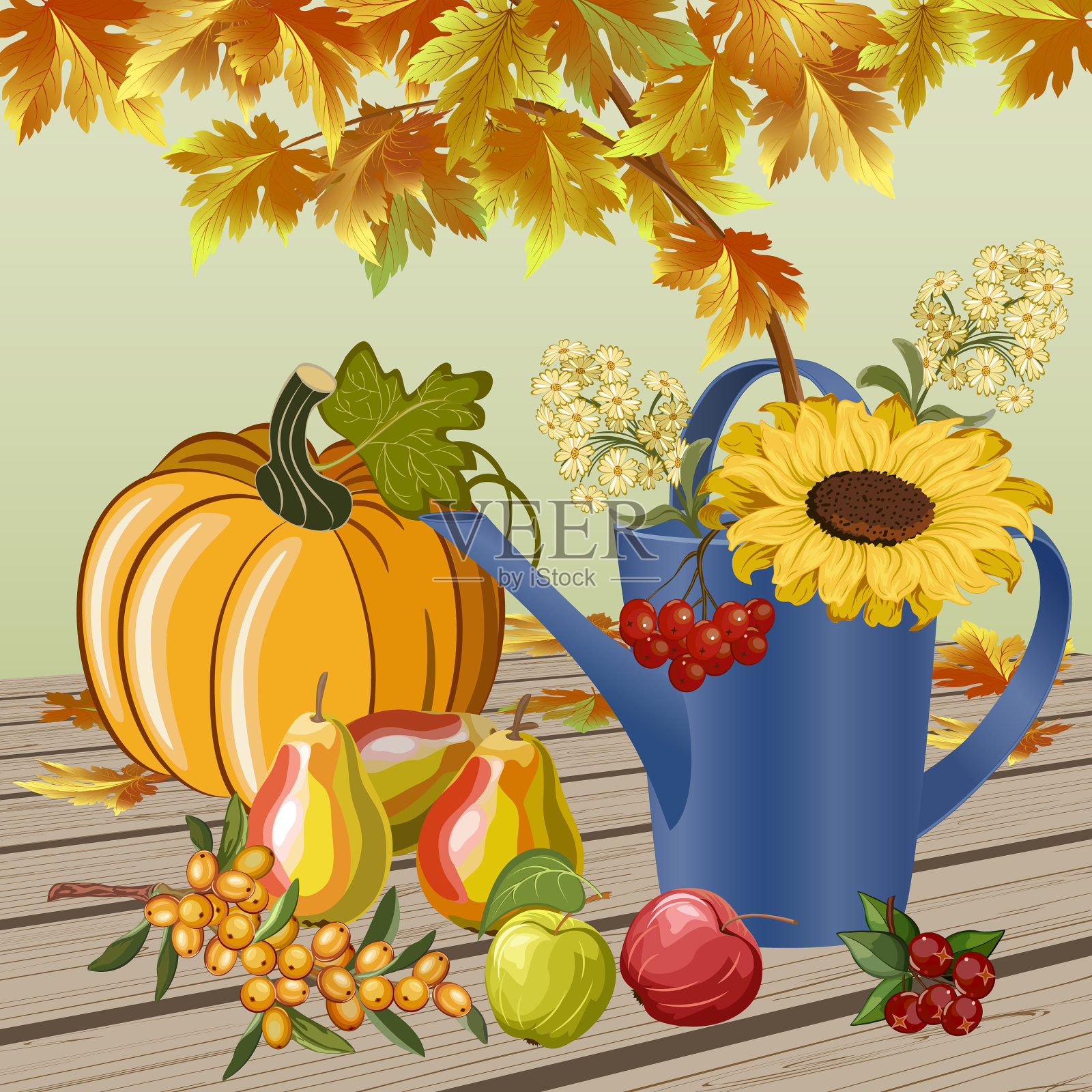 带着果实和秋叶插画图片素材
