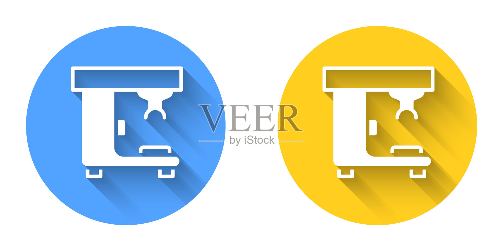 白色咖啡机图标与长阴影背景隔离。圆按钮。向量插画图片素材