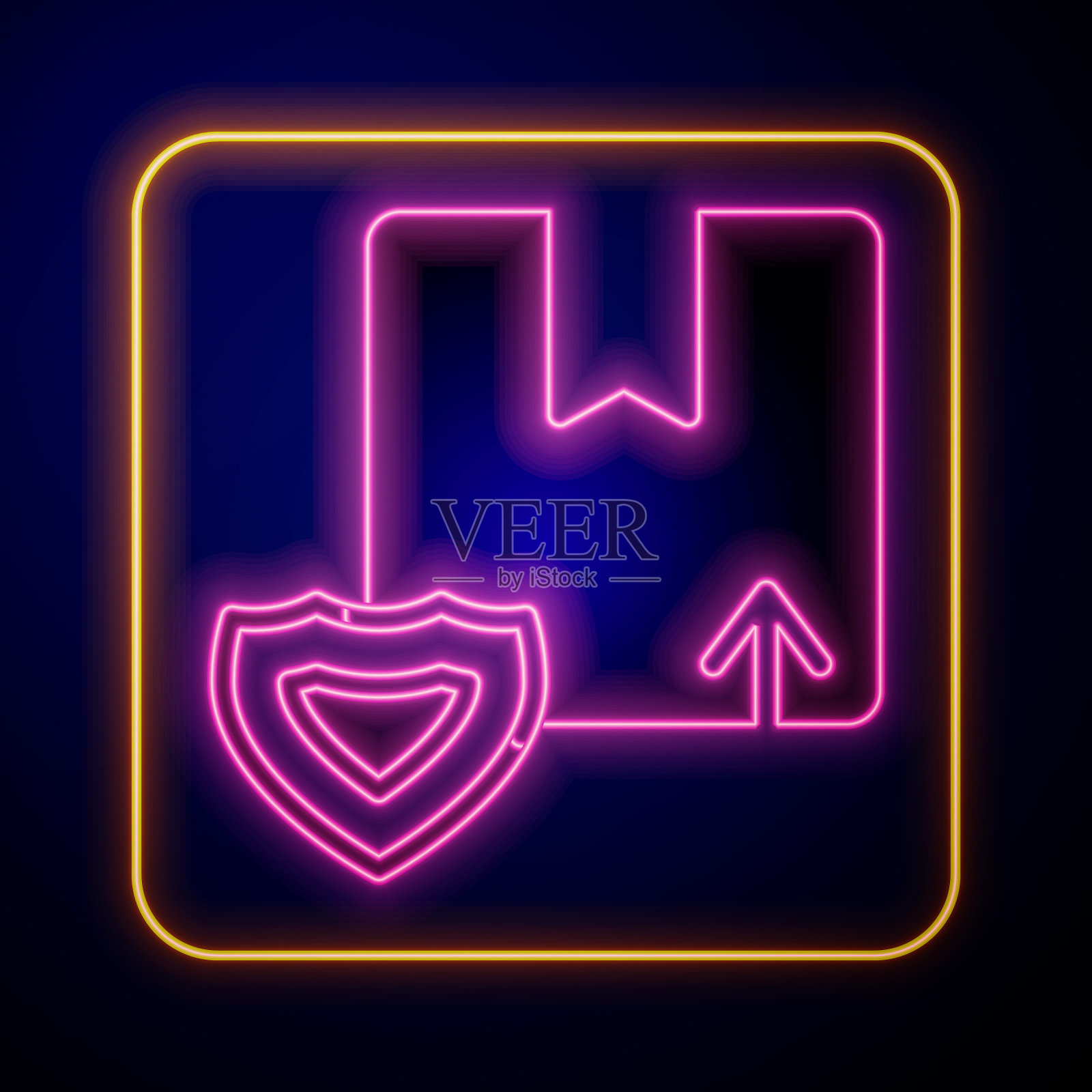 发光的霓虹灯交付安全与盾牌图标隔离在黑色背景。交付保险。保险柜外的硬纸板箱。向量插画图片素材