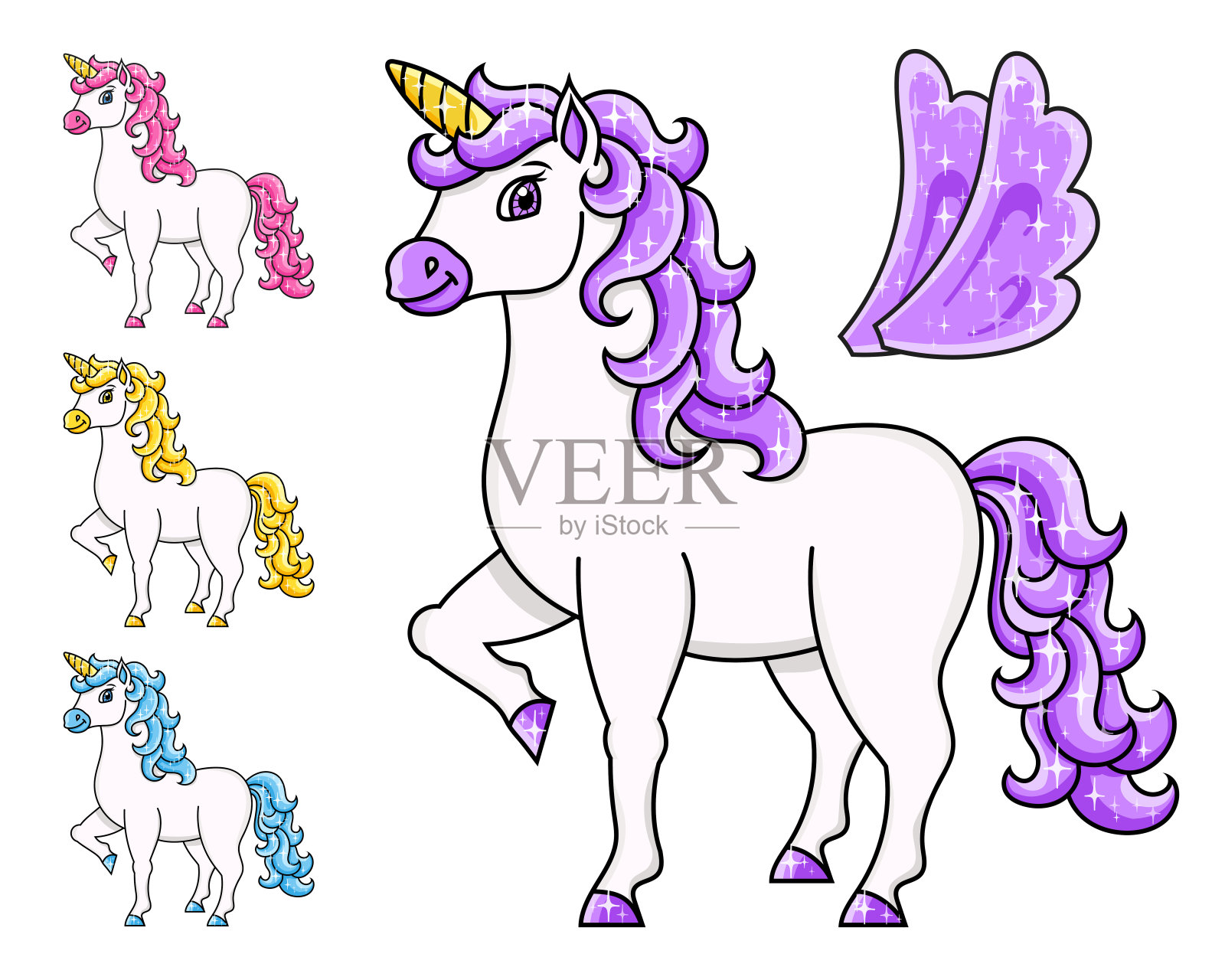 可爱的有翅膀的独角兽。魔法仙女马。卡通人物。五彩缤纷的矢量插图。孤立在白色背景上。设计元素。插画图片素材