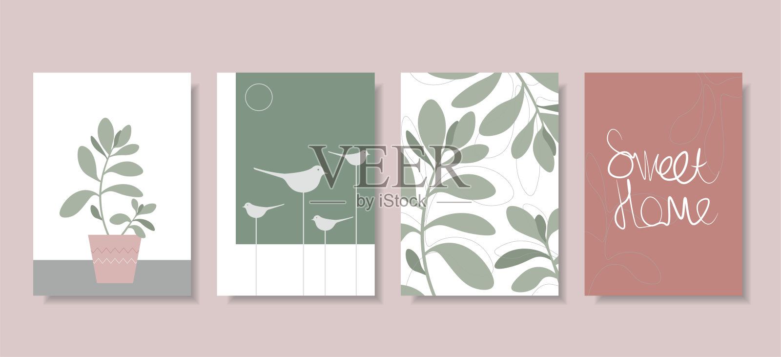 向量艺术绘画的集合。植物海报的家在极简主义,波西米亚,hygge风格。植物、鸟类的抽象设计。插画图片素材