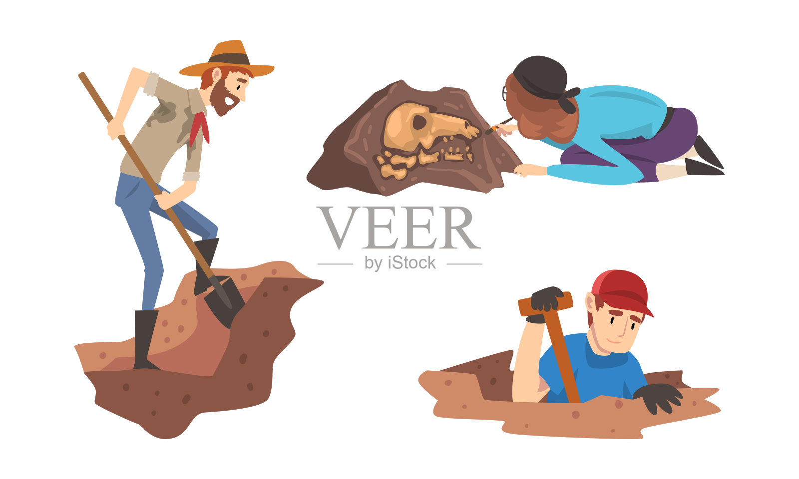 男人和女人考古学家用铲子搜索材料残留向量集插画图片素材