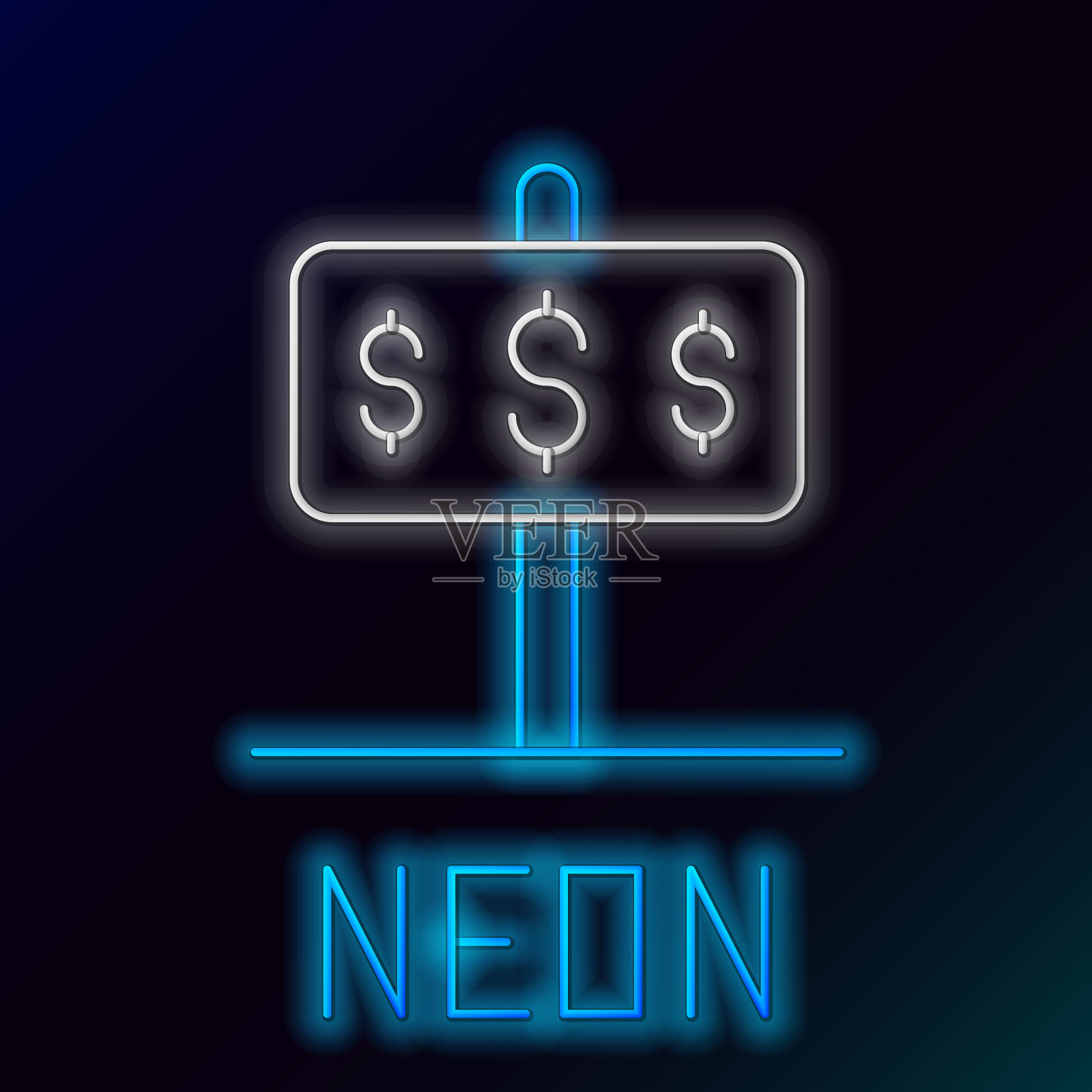 发光的霓虹灯线房子与美元符号图标孤立在黑色背景。家庭和金钱。房地产的概念。色彩斑斓的轮廓的概念。向量插画图片素材