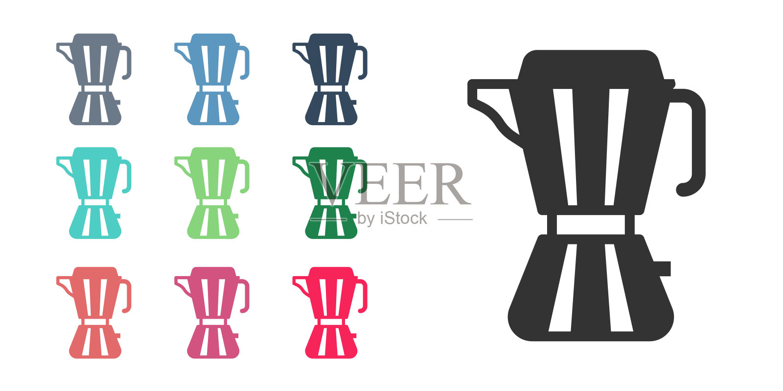 黑咖啡机moca壶图标孤立在白色背景。设置图标丰富多彩。向量图标素材