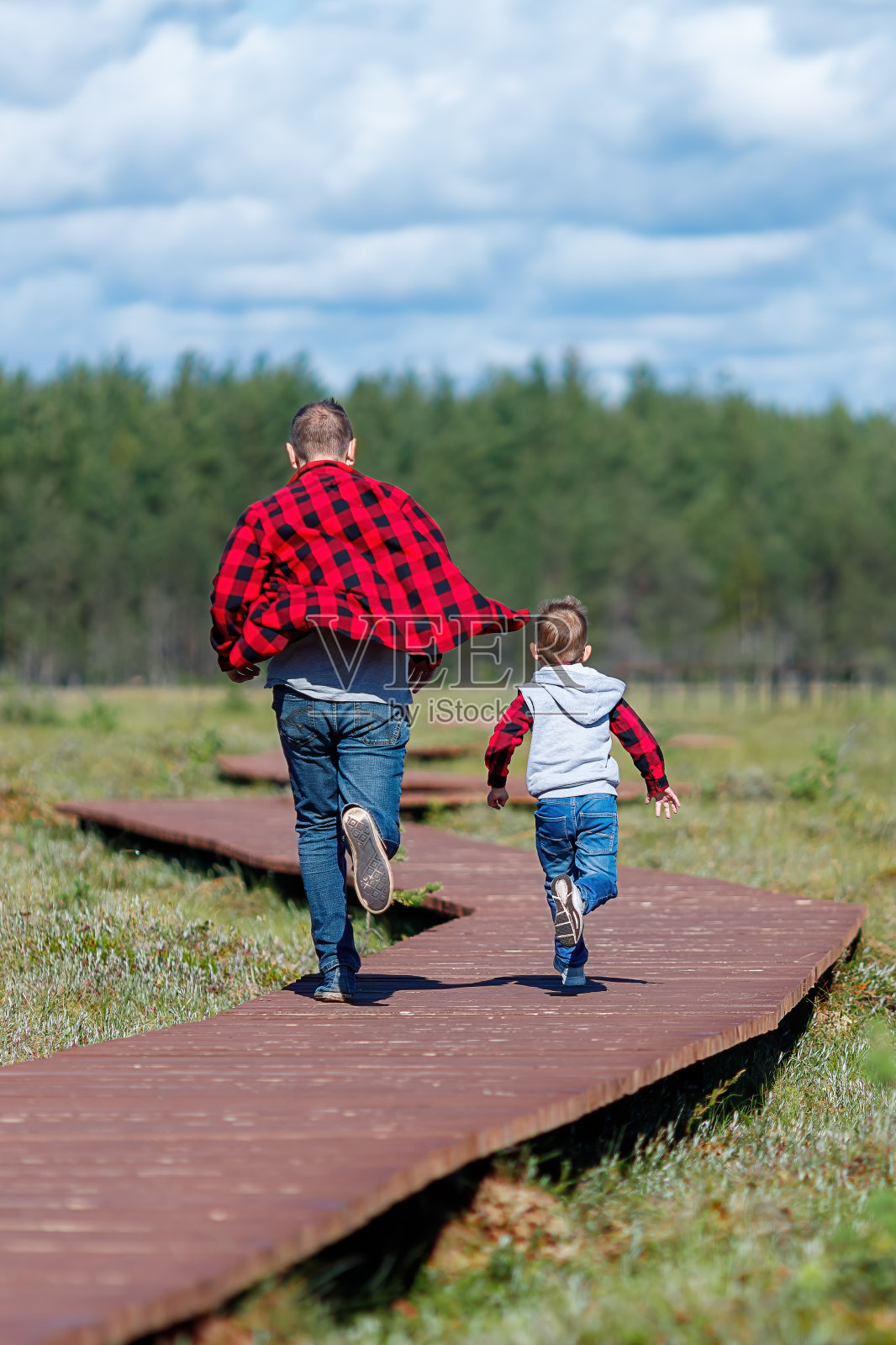 爸爸追着孩子跑,玩捉迷藏游戏。后视图。家人看。在户外消遣。照片摄影图片
