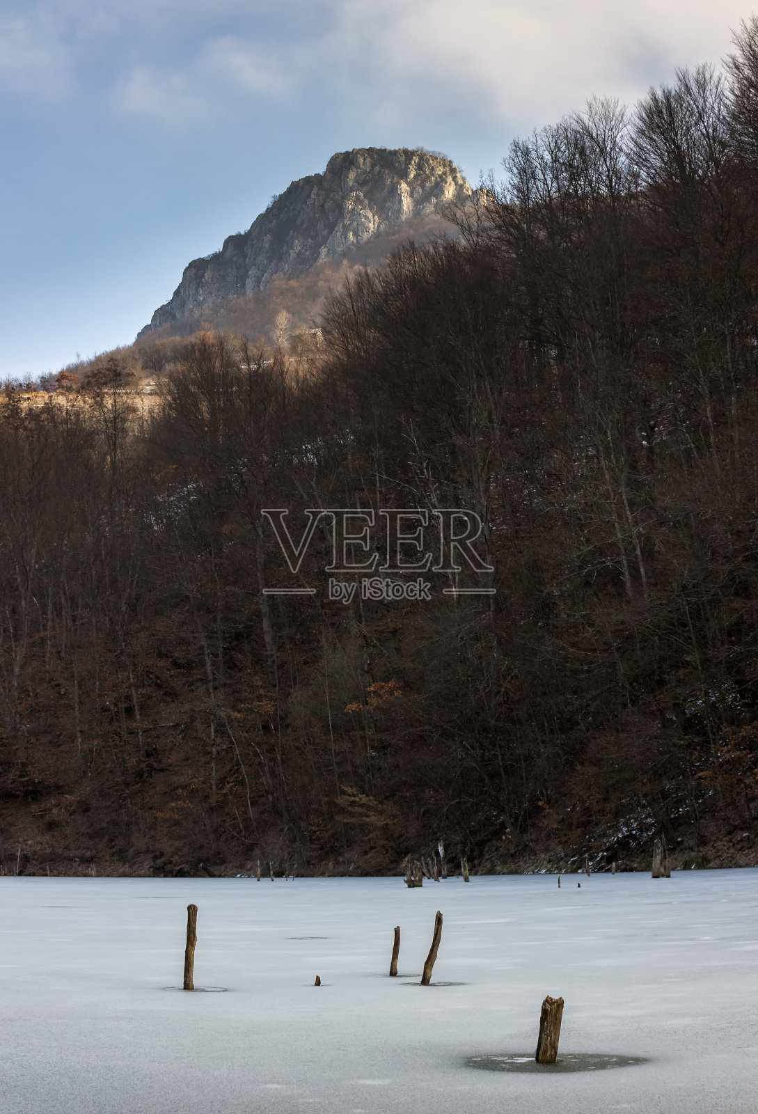 在前景和远处阳光照耀的岩石山顶上,死树从结冰的湖面上伸出来照片摄影图片