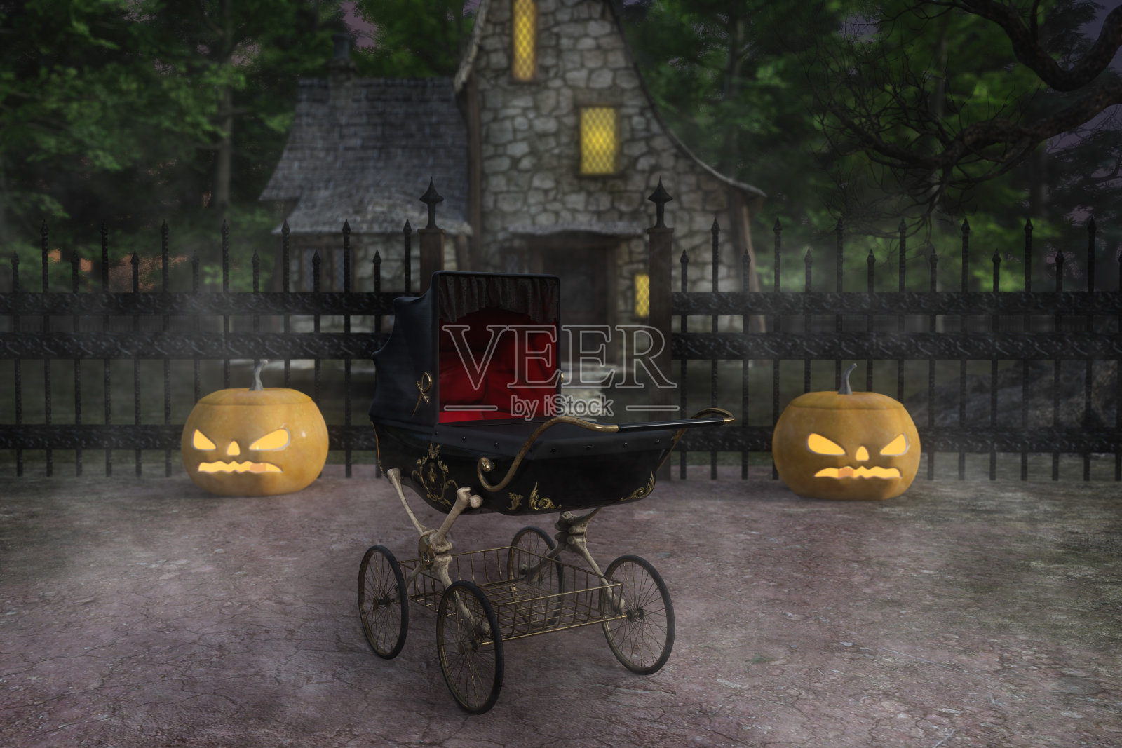 在树林里的一个阴森的老农舍外的万圣节场景的3D插图。照片摄影图片