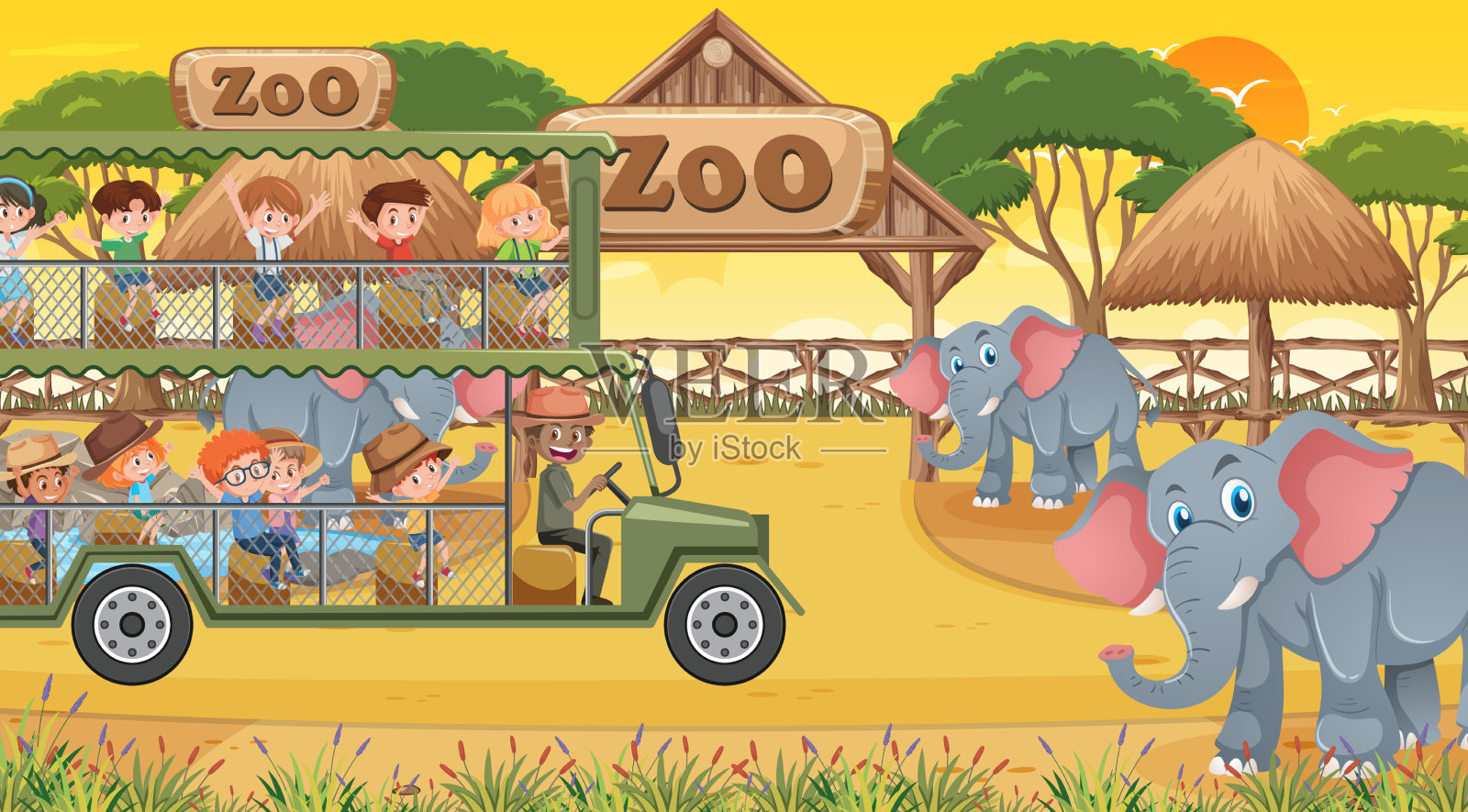 在日落时分和孩子们一起狩猎插画图片素材