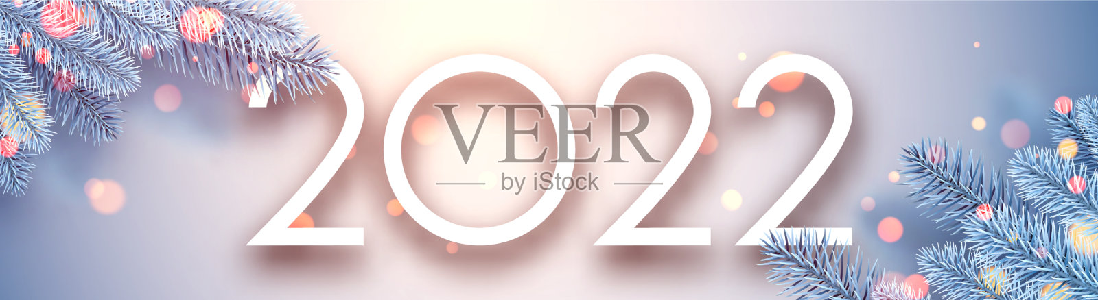 2022年圣诞节蓝色云杉树枝与散景插画图片素材