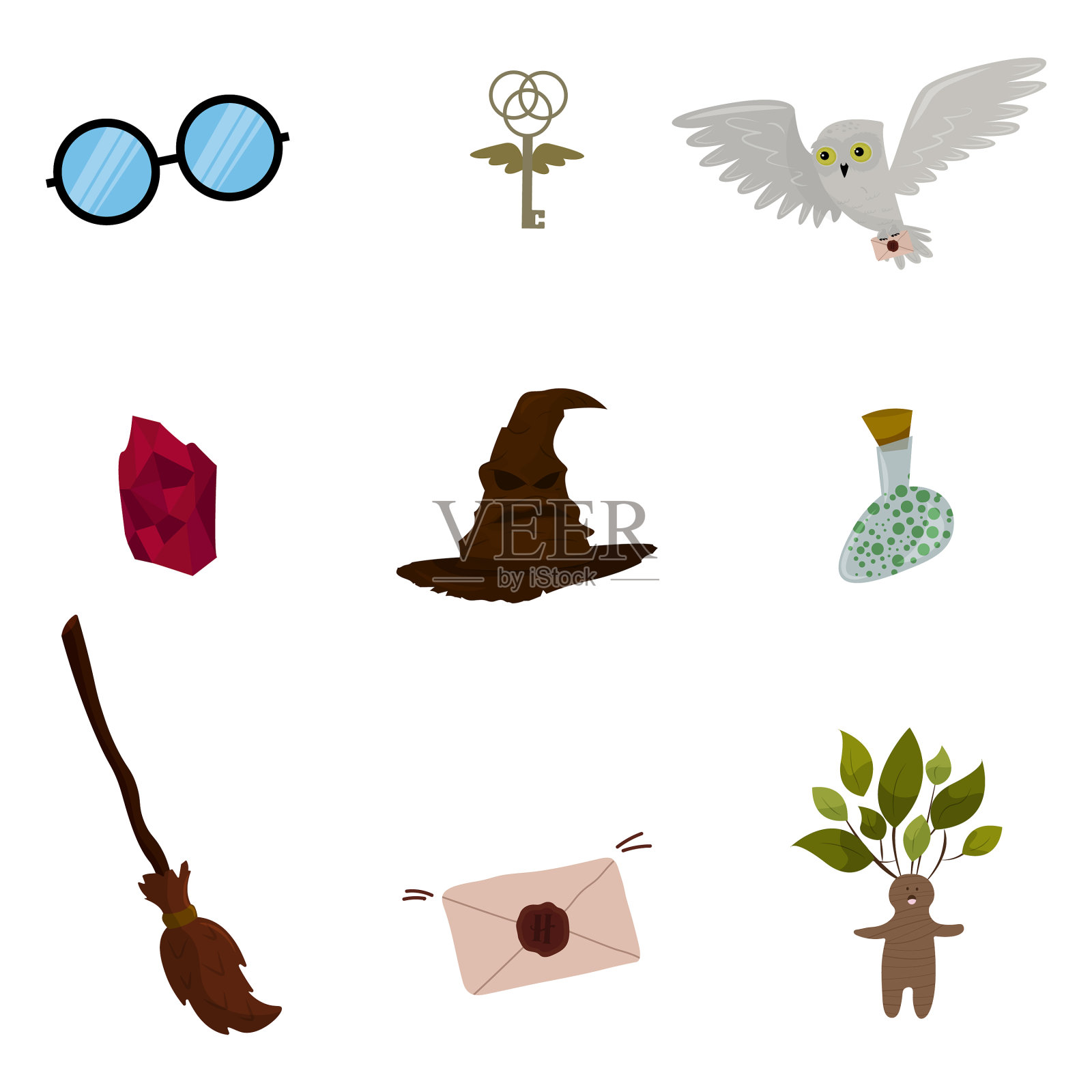 一套魔法物品在一个卡通风格的扫帚插画图片素材