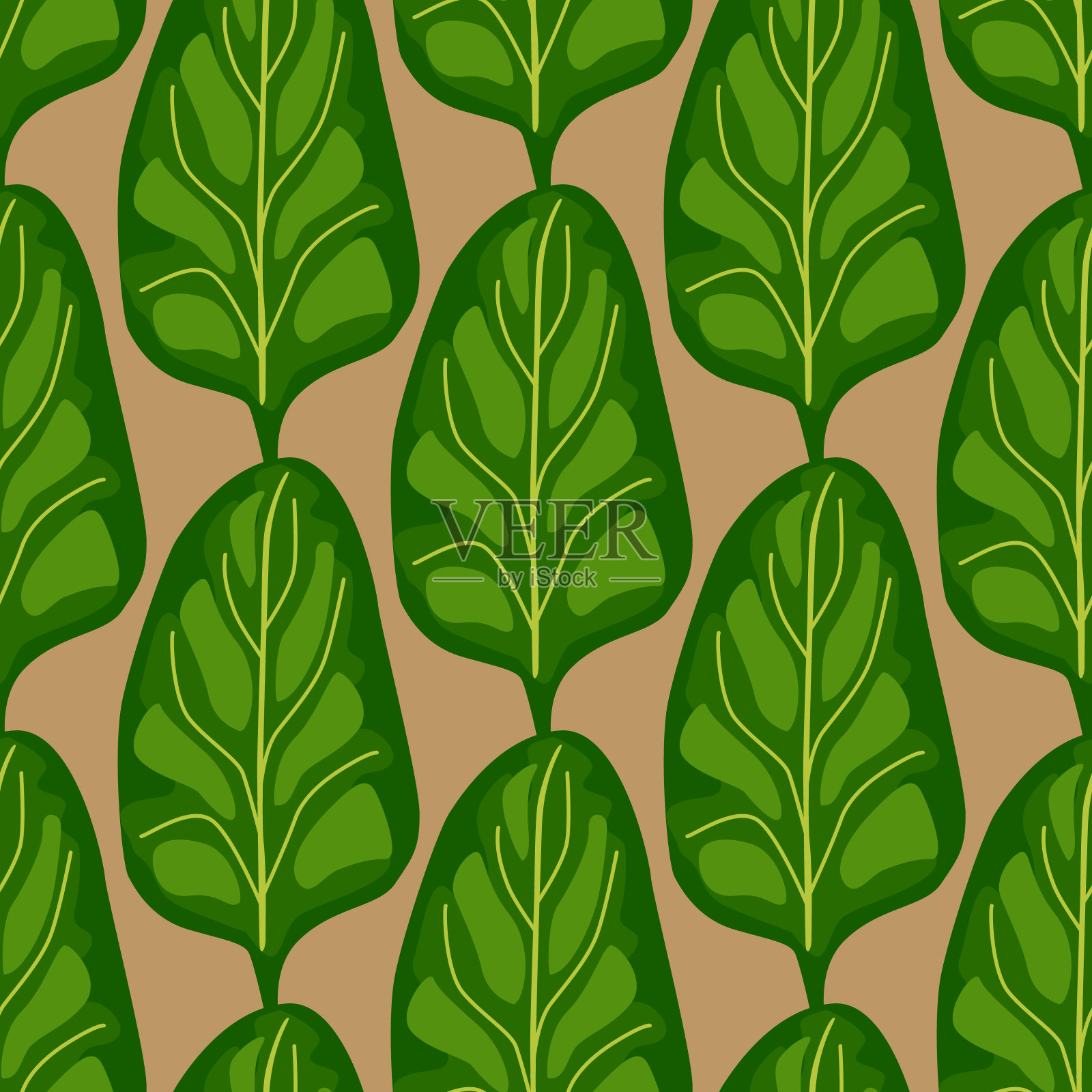 无缝模式菠菜沙拉在棕色背景。现代装饰与生菜。插画图片素材