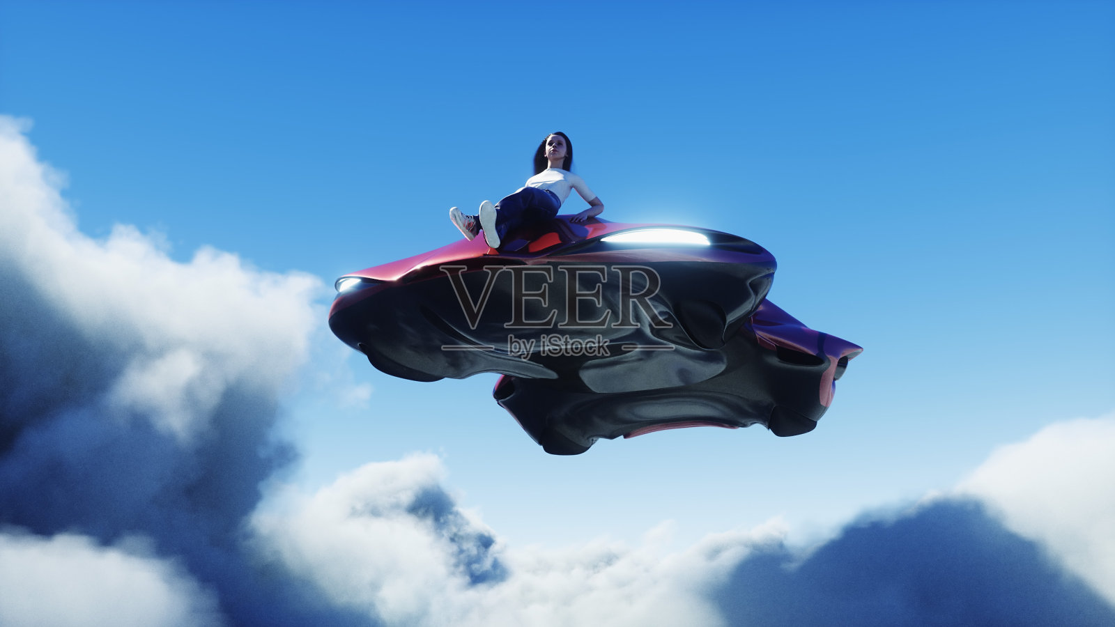 一个年轻的女孩坐在飞车上在云端。未来的概念。3 d渲染。照片摄影图片