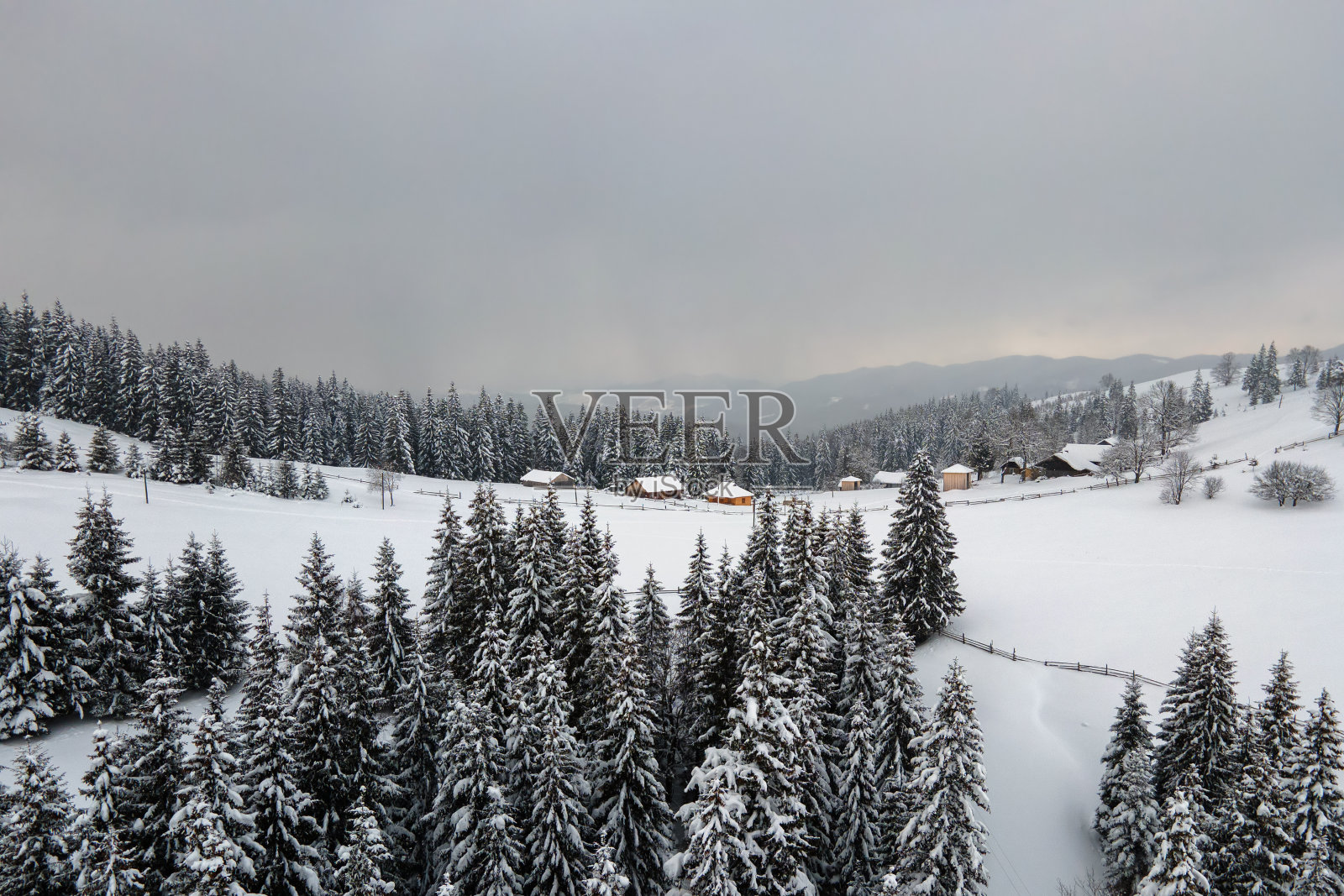 空中冬季景观与小乡村房屋之间的雪覆盖森林在寒冷的山。照片摄影图片