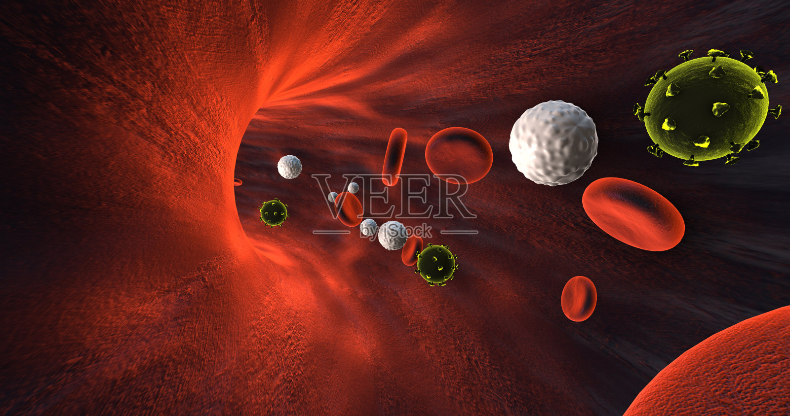 感染人类的血液。血细胞和病毒流动照片摄影图片