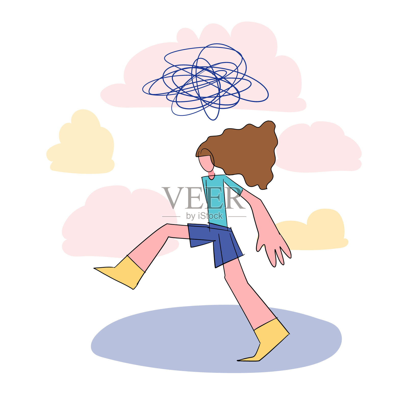 卡通抑郁向量女孩走在抽象的背景。沮丧的女人。插画图片素材