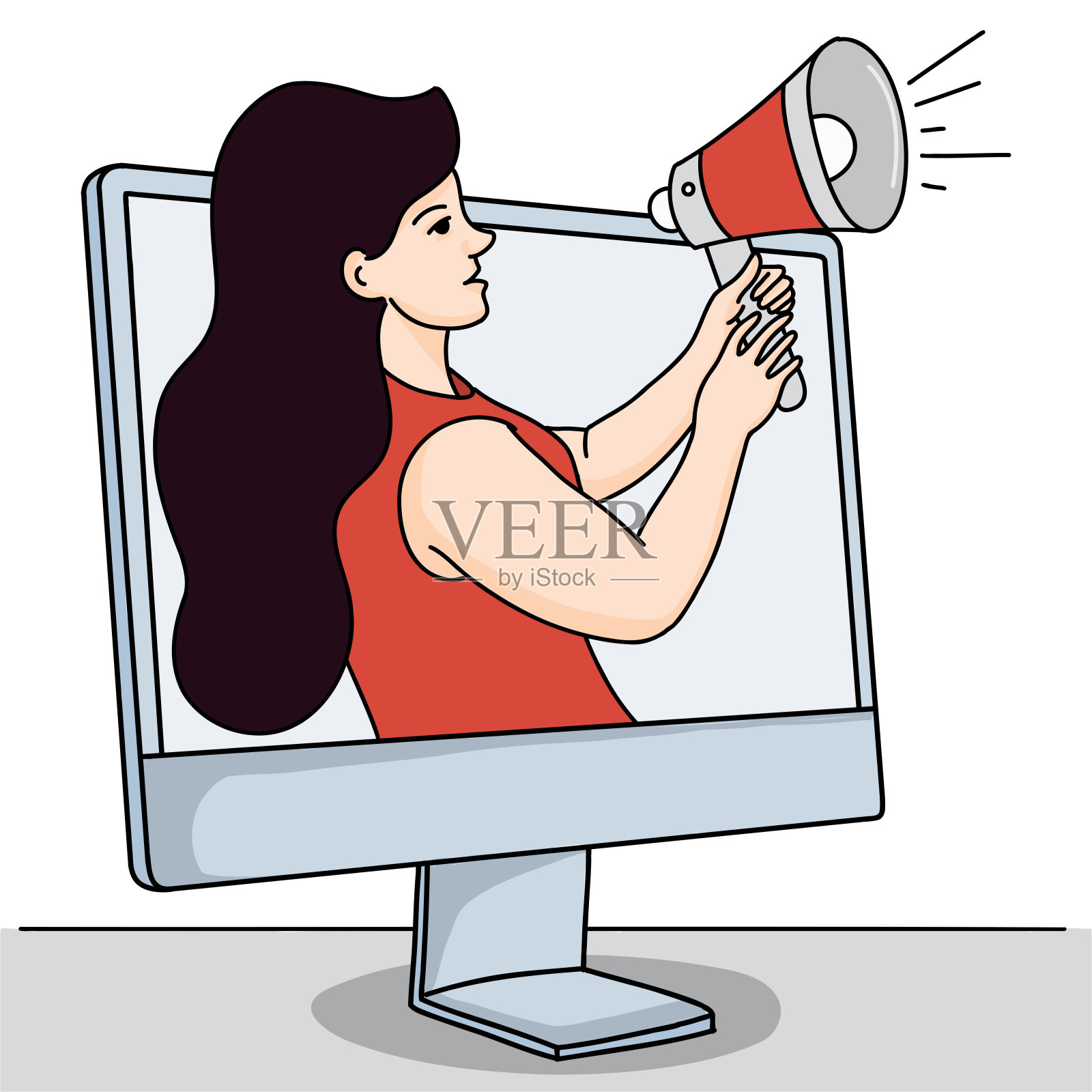 女人对着台式机的扩音器大喊插画图片素材