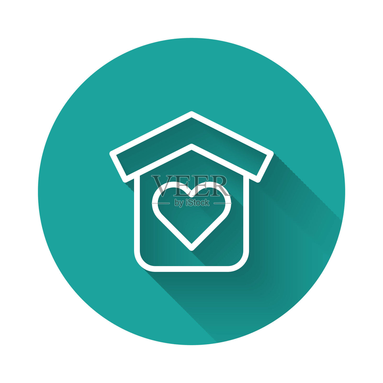 白线庇护所为无家可归的图标孤立与长阴影背景。紧急住房,为无家可归的人、流浪者和乞丐提供的临时住所。绿色圆圈按钮。向量图标素材