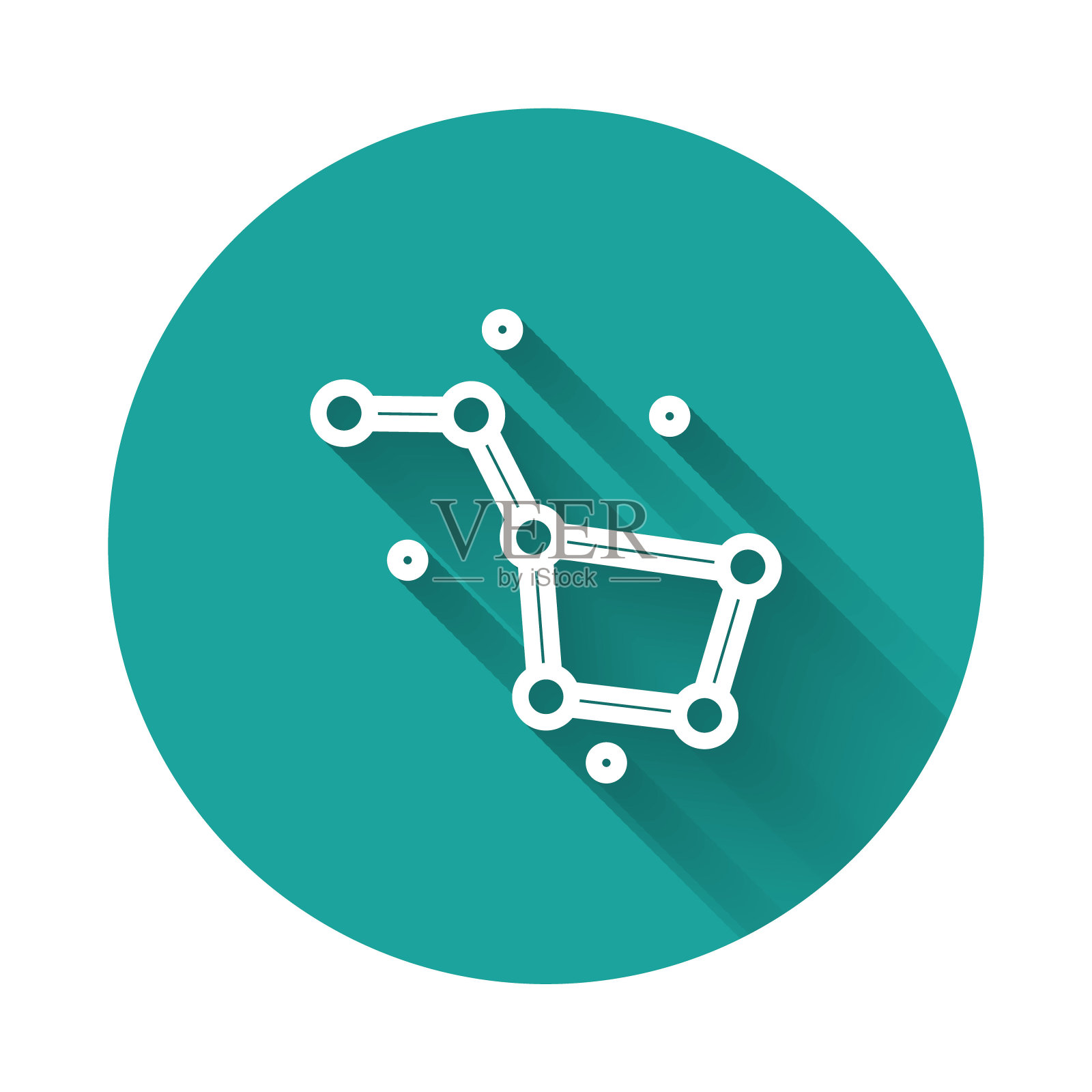 白线大熊星座图标与长阴影背景隔离。绿色圆圈按钮。向量插画图片素材