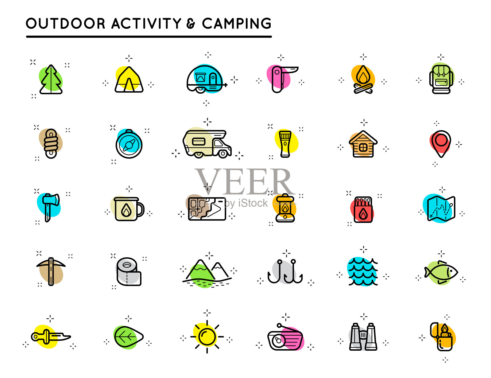 大集合向量露营和户外活动图标。荒野矢量插图。图标素材