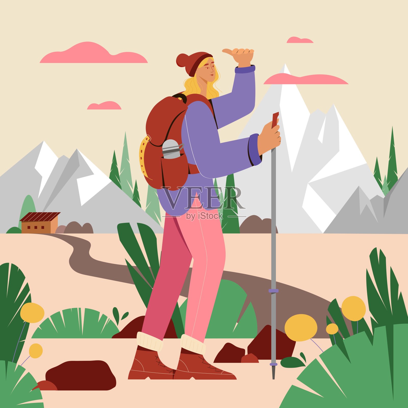年轻女子背着背包,穿着登山靴向前看。背景为山脉和森林。矢量插图的户外活动,徒步旅行,徒步旅行,攀登插画图片素材