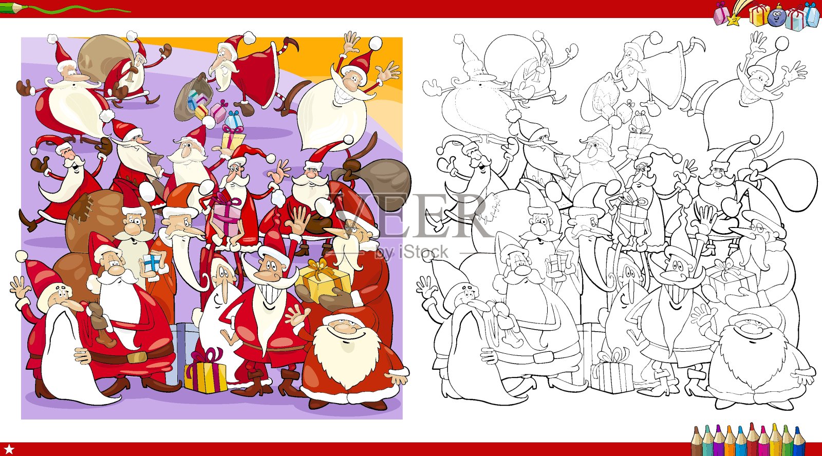 圣诞老人大群在圣诞节的时候涂色书页插画图片素材