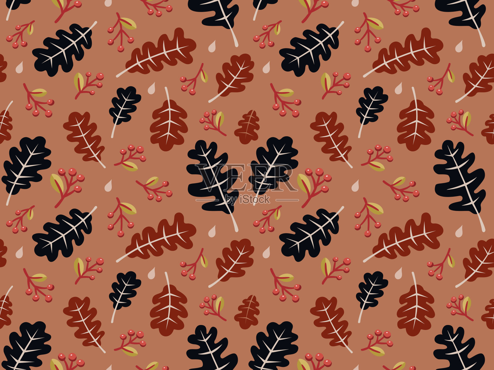 秋天无缝模式。棕色和黑色叶子背景设计。色彩斑斓的矢量图插画图片素材