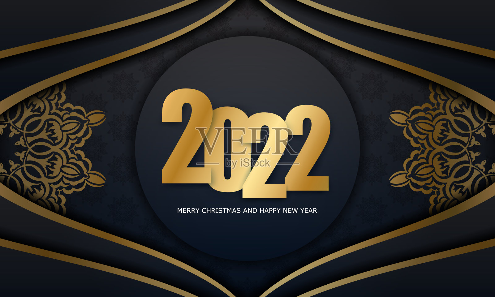 2022年新年快乐黑色传单与复古黄金装饰插画图片素材