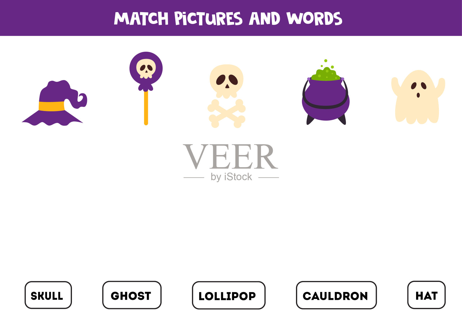 匹配万圣节物品和单词。儿童教育游戏。插画图片素材