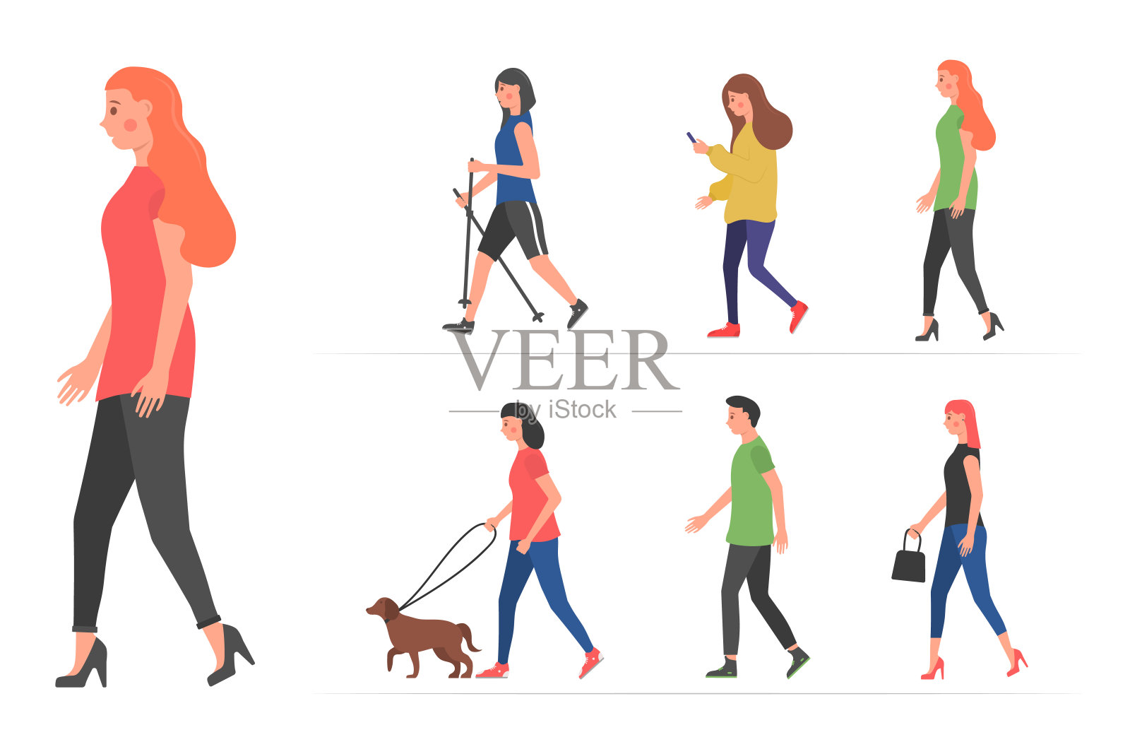 卡通人物在城市里走在户外插画图片素材