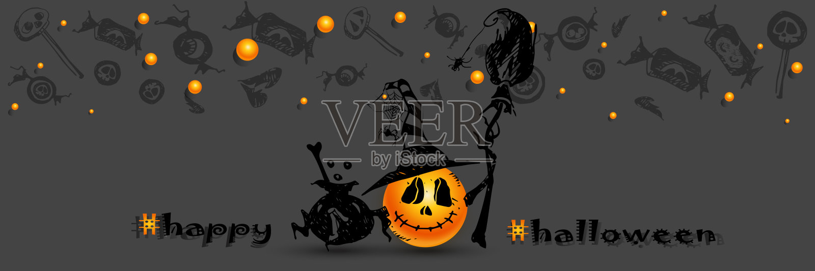 万圣节快乐!不祥有趣的手绘表情符号在黑色背景。创意海报或横幅。插画图片素材